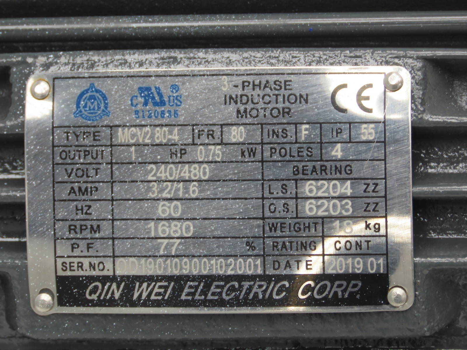 Qin Wei Electric MCV280-4 AC Motor 1Hp 1680rpm 240/480V 3PH IEC80