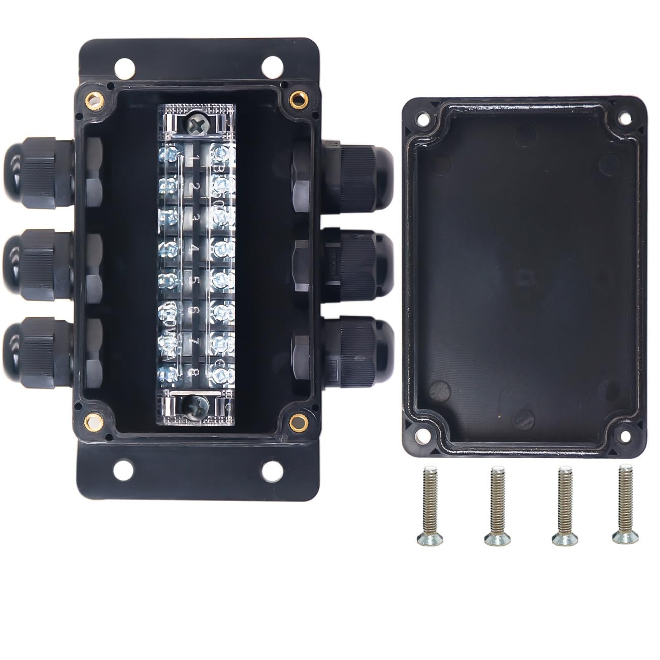 IP67 Waterproof Electrical Junction Box with 8P 15A Barrier Terminals Glands