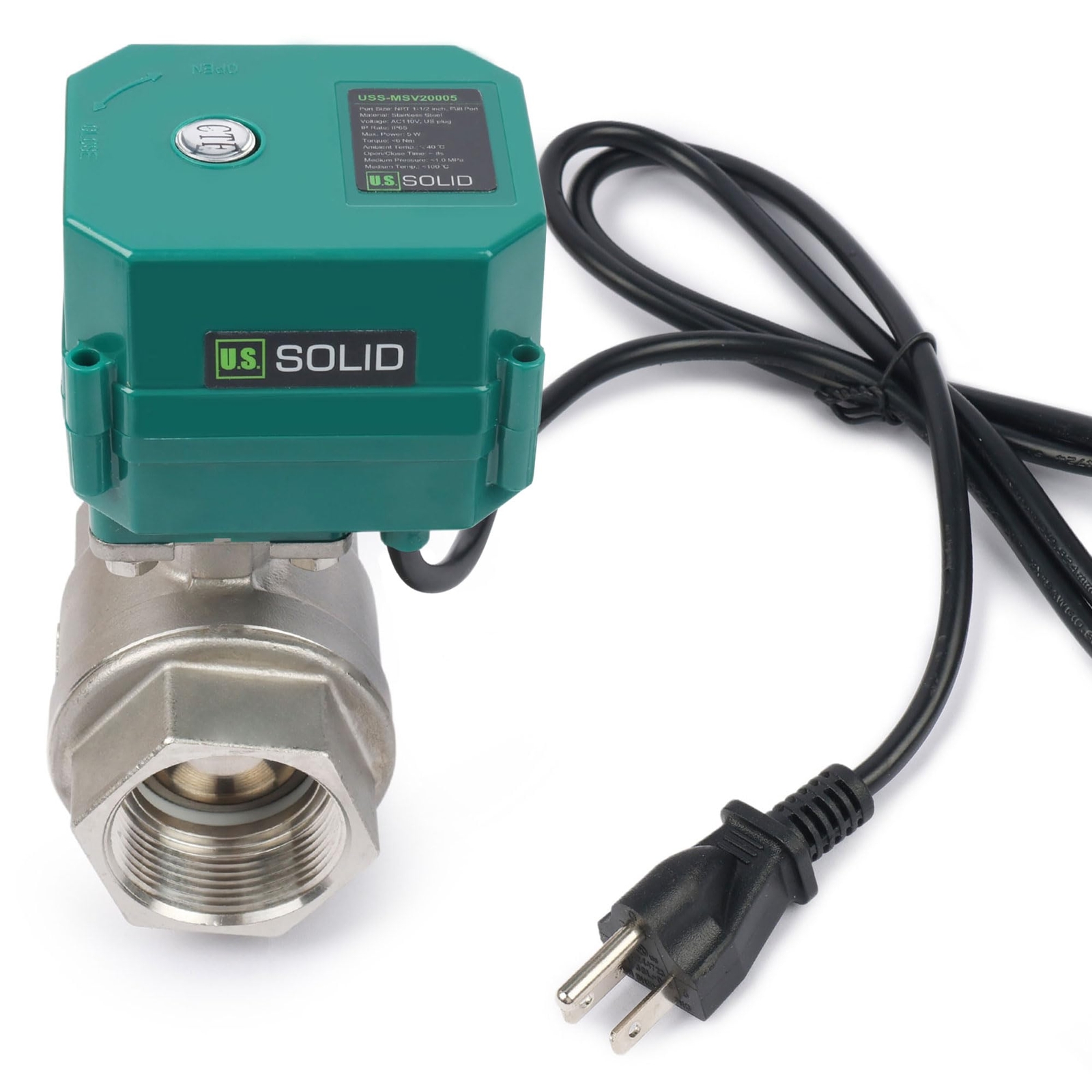 U.S. Solid 1 1/2 inch Motorized Ball Valve with US Plug Stainless Steel 110V AC