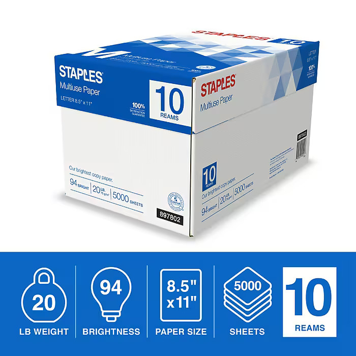 Staples Multiuse Copy Paper 8.5×11 20 lb 94 Brightness 500 Sheets/Ream 10 Reams