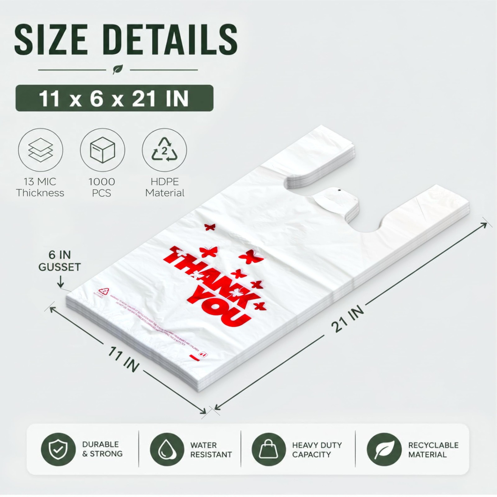 YoYoRain 1000 Pack White Thank You T-Shirt Bags with Handles, 11″x6″x21″ Dura…