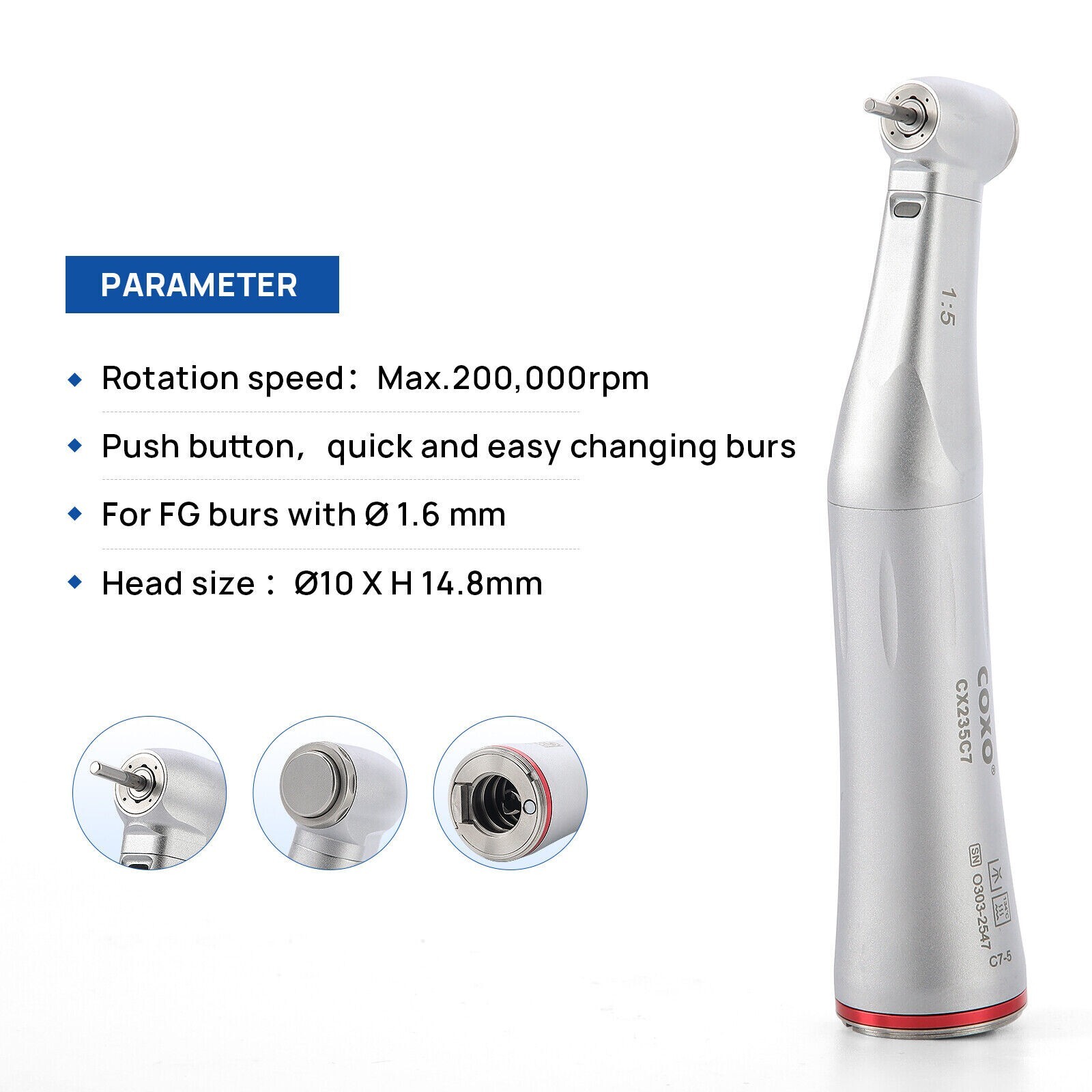 COXO Dental Optic Fiber LED 1:5 Contra Angle Inner Channel Handpiece LED Head