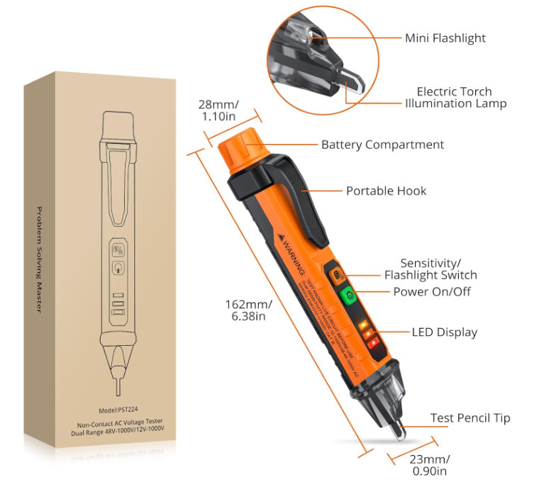 Probador de Voltaje Ajustable 12-1000V Alarma LED y Apagado Automático