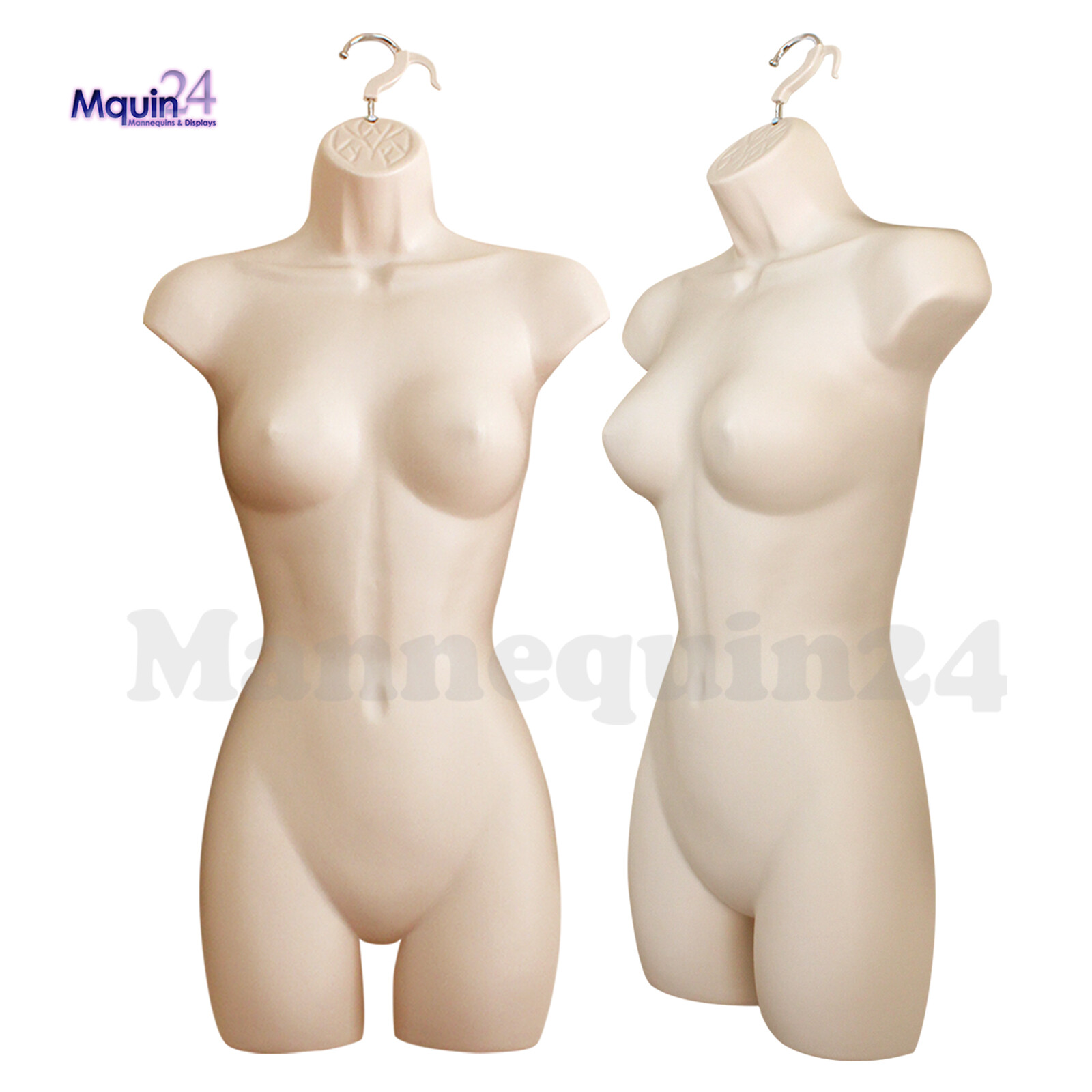 2 FLESH MANNEQUIN FEMALE TORSO DRESS FORMS + 1 TABLE TOP STAND + 2 HANGERS