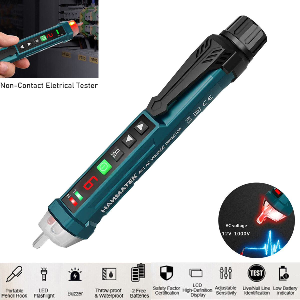 LED 12~1000V Electrical Non-Contact AC Voltage Power Detector Pen Tester Meters