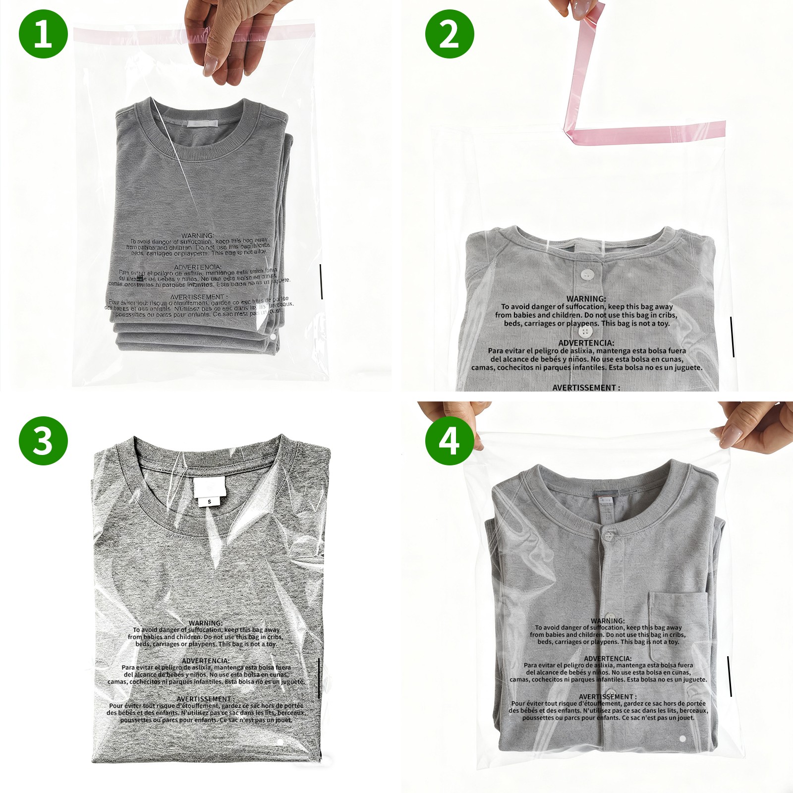 100-1000Pack Suffocation Warning Clear Poly Bags Self Adhesive for Shirt Apparel