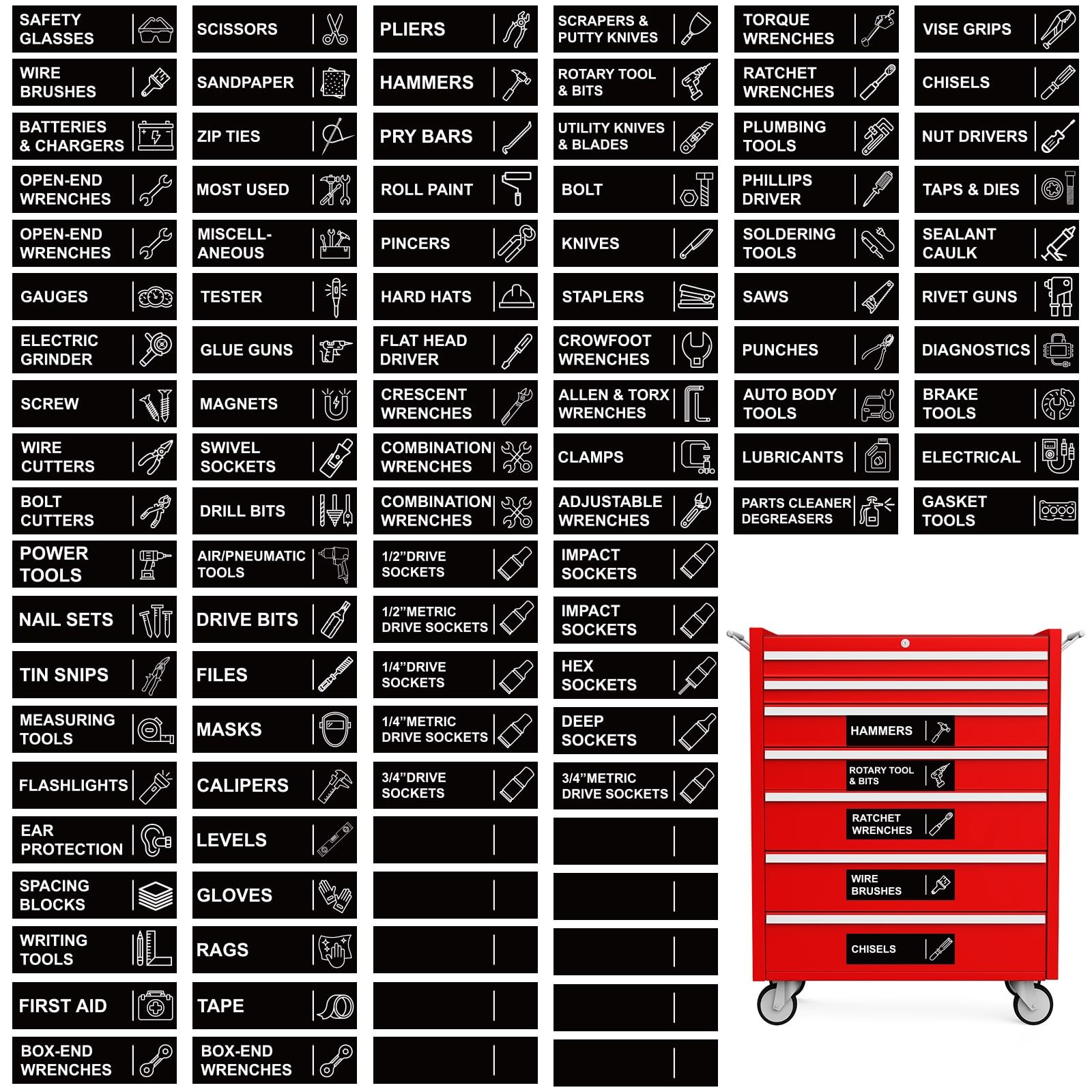 100PCS Magnetic Toolbox Labels Tool Chest Drawer Organizer Tags Pre Printed Set