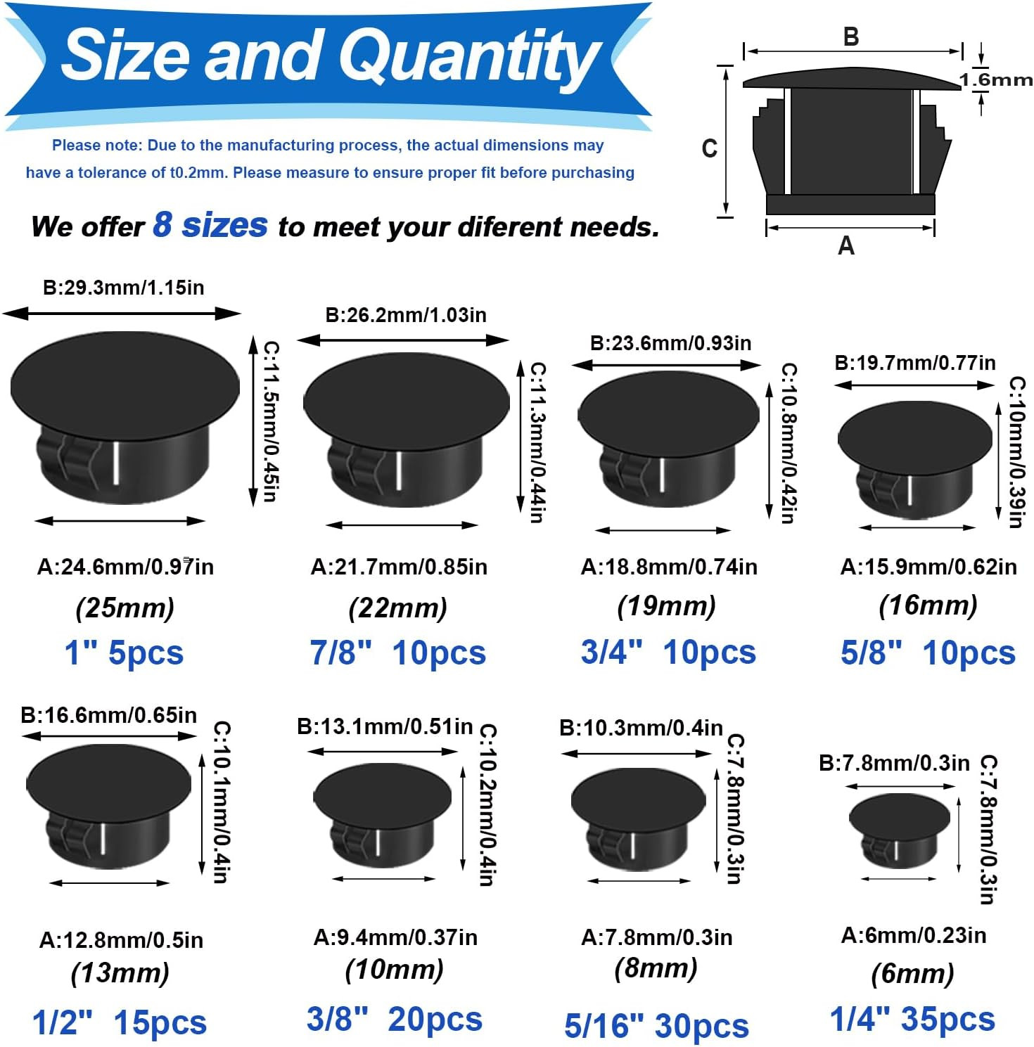 Nylon Plastic Hole Plugs Set, 135 Pcs in 8 Sizes for Furniture and Industrial Us