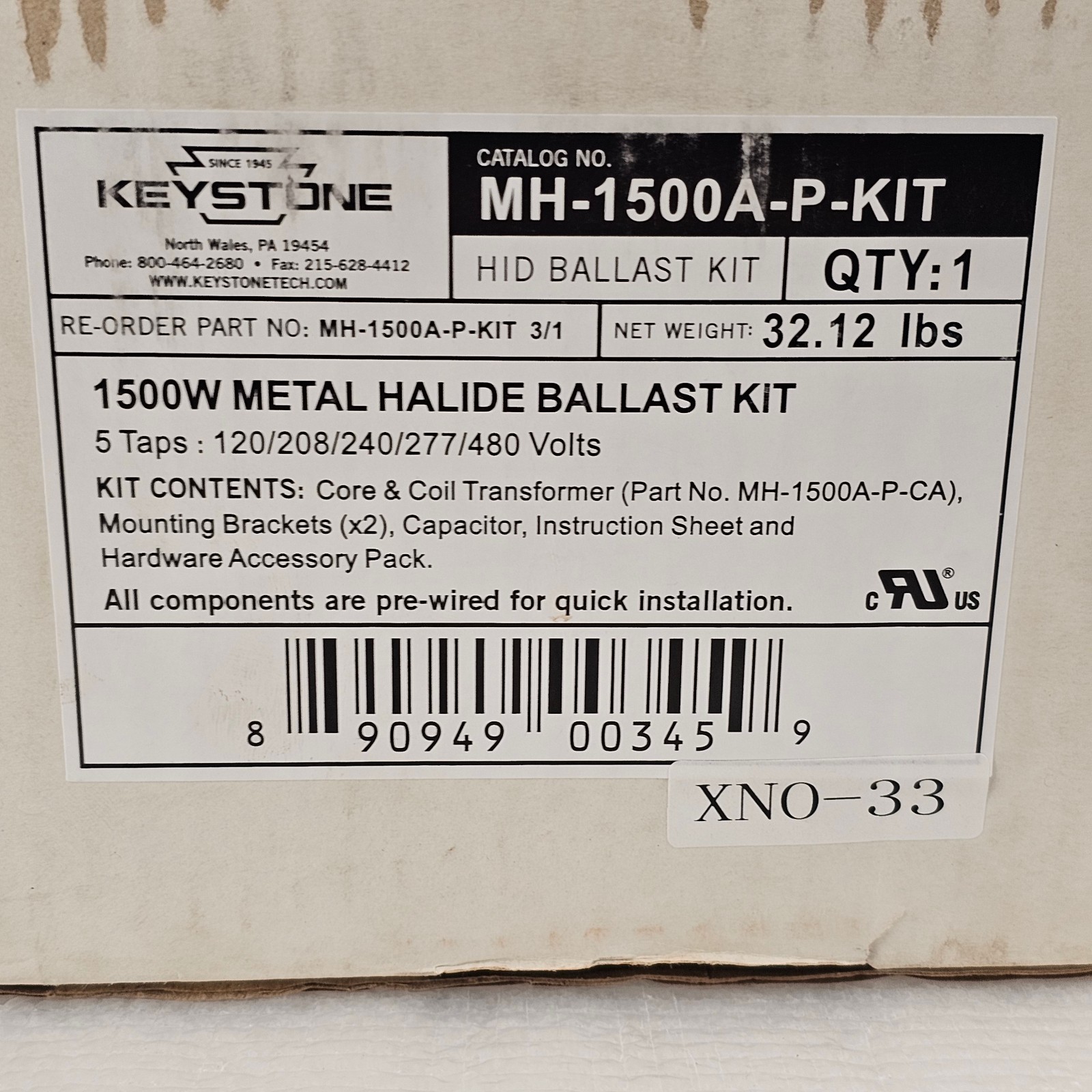Keystone MH-1500A-P-KIT 5 Tap 1500W 120/208/240/277/480 Metal Halide Ballast