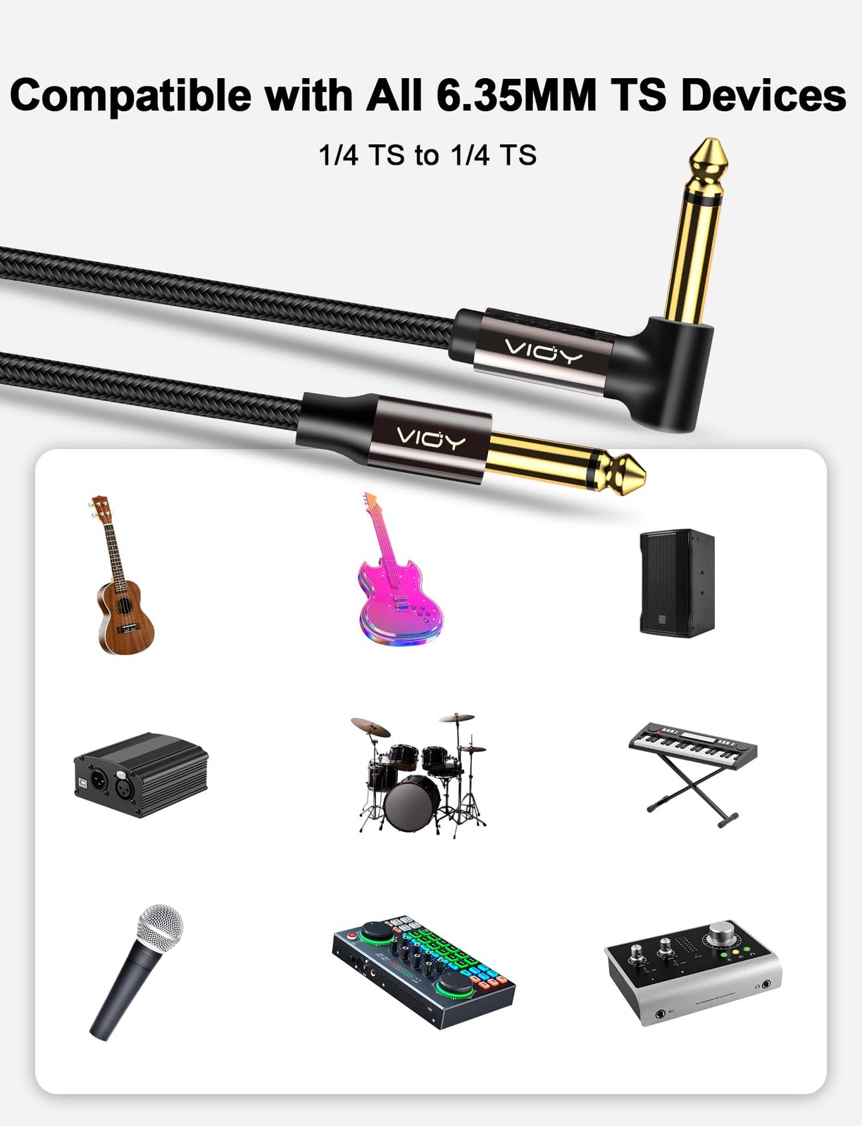 Guitar Cable 15 ft/5 M, Instrument Right Angle Cables, 6.35 mm (1/4) TS Unbal…