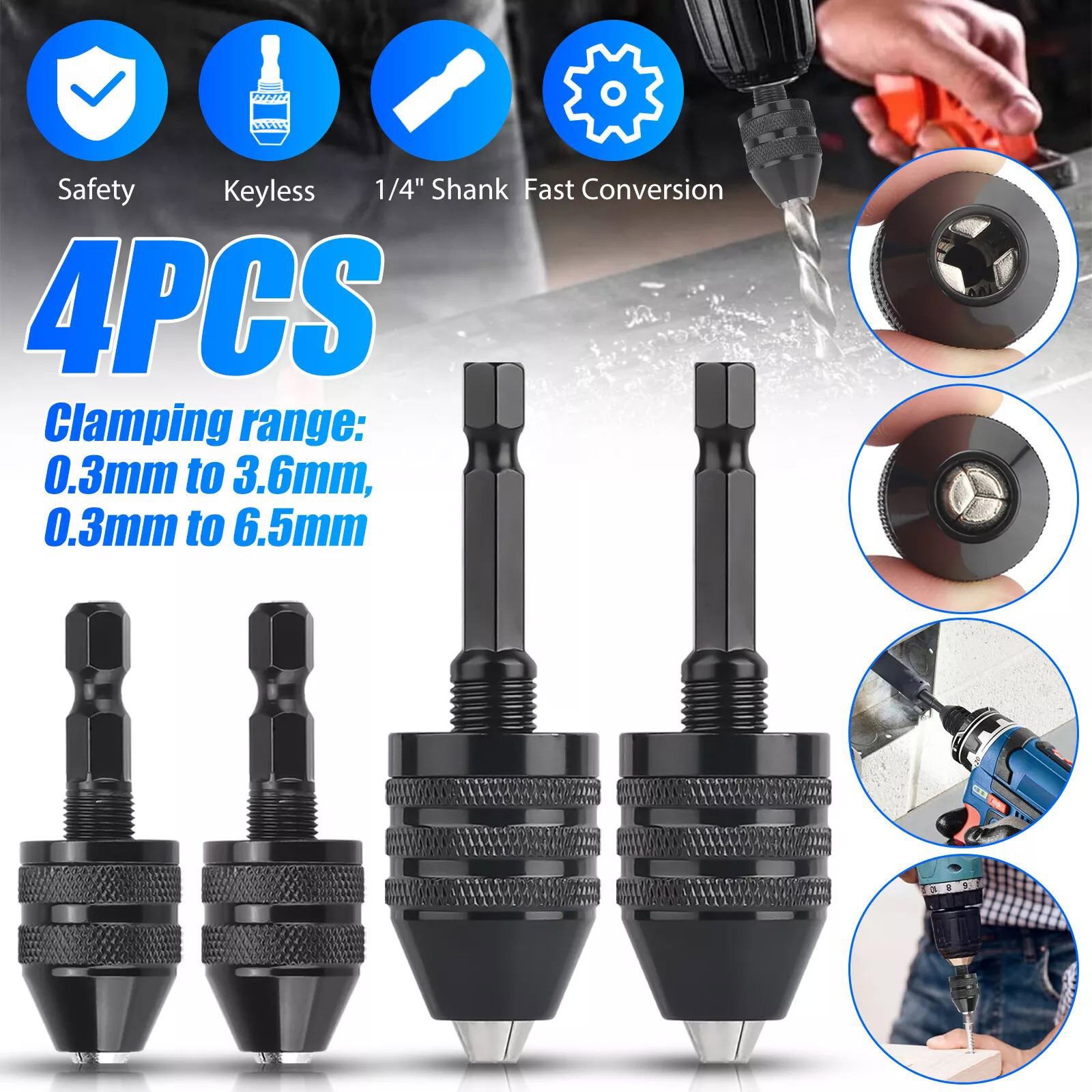 4Pcs 1/4″Hex Shank Keyless Drill Chuck Adapter Bit Quick Change Converter Driver