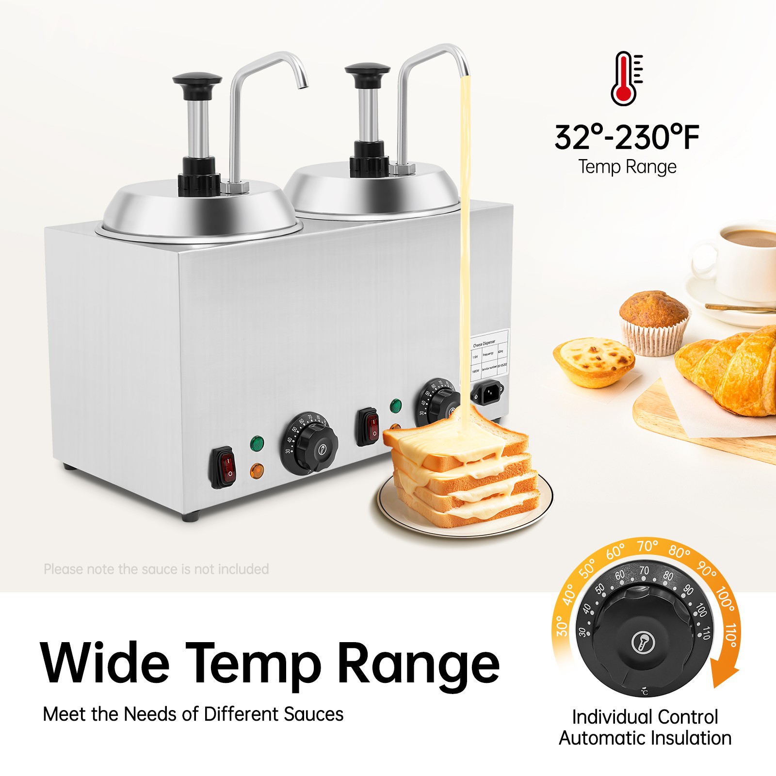 1600W Commercial Hot Fudge Warmer Nacho Cheese Sauce Warmer w/ Pump Dispenser US