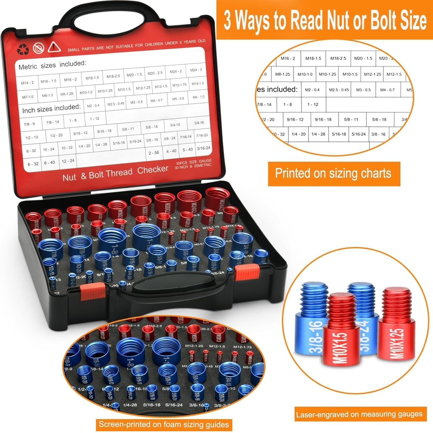 70 Pcs Nut & Bolt Thread Checker Set 37 SAE 33 Metric Gauge for Size Checking