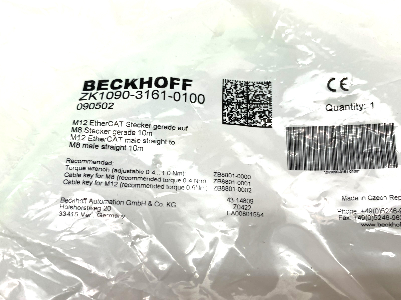 Beckhoff ZK1090-3161-0100 Double Ended EtherCAT Power Cable 10m 090502