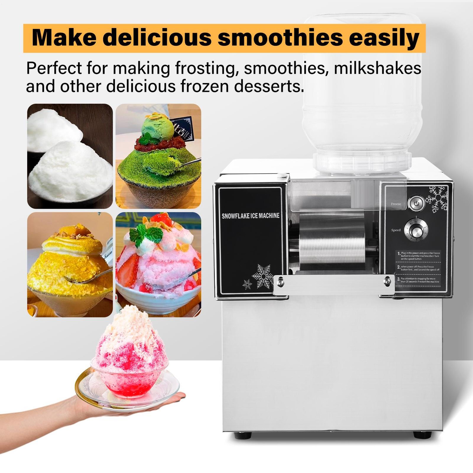 New Commercial Snowflake Ice Machine, Snow Cone Machine, Ice Shaver Slush Maker-