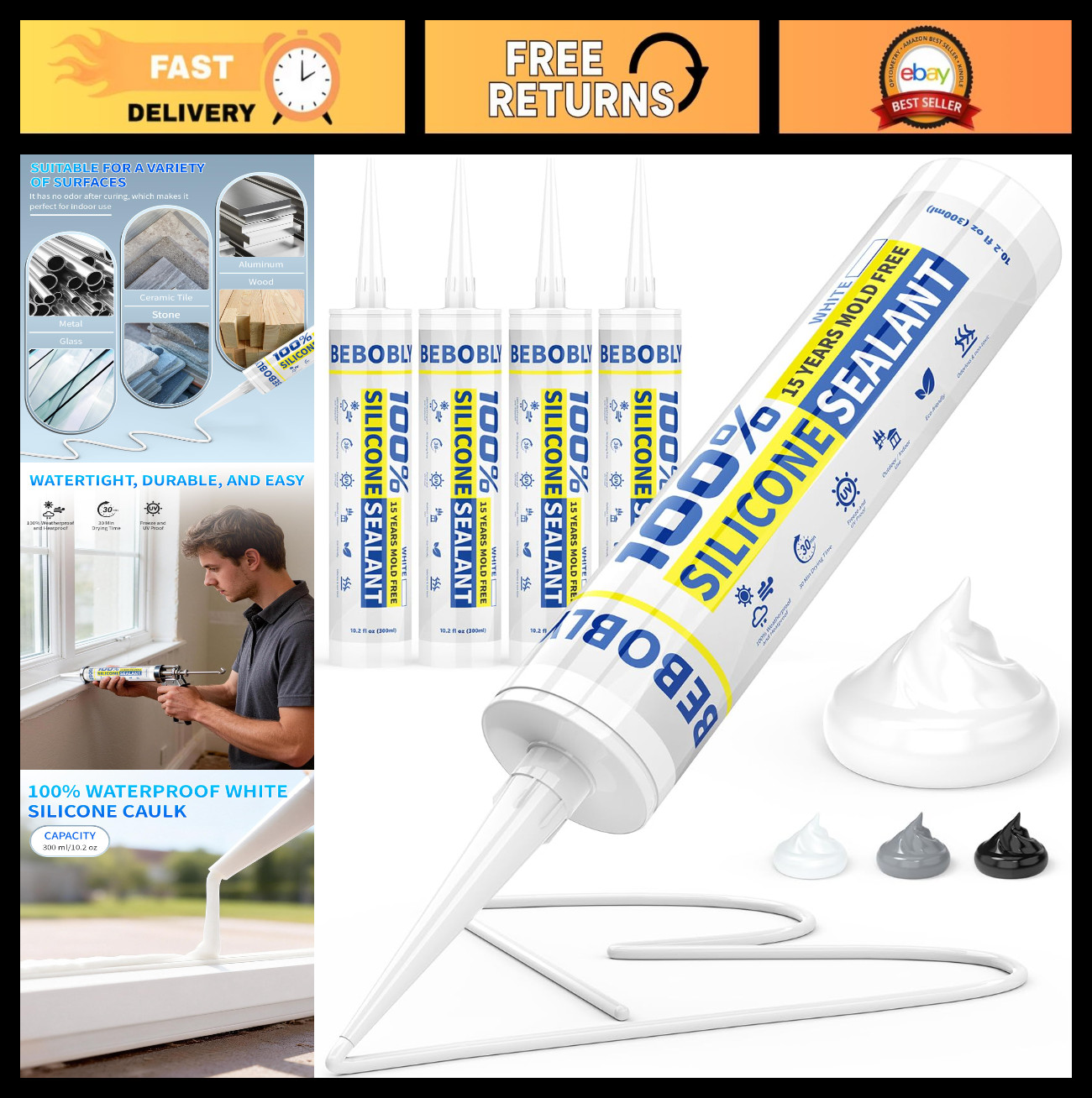 100% Waterproof White Silicone Caulk & Sealant, 4 Pack, 10.2 FL OZ – Interior/Ex