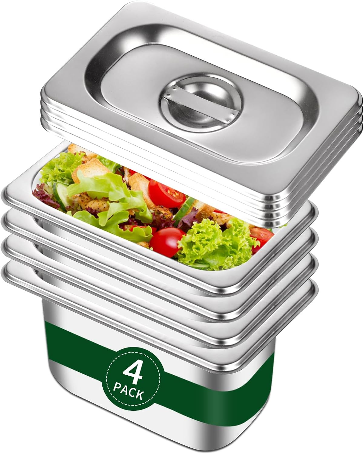 4-Pack 1/9 Size 4″ Deep Stainless Steel Food Pan w/ Lid Steam Table Hotel Pan