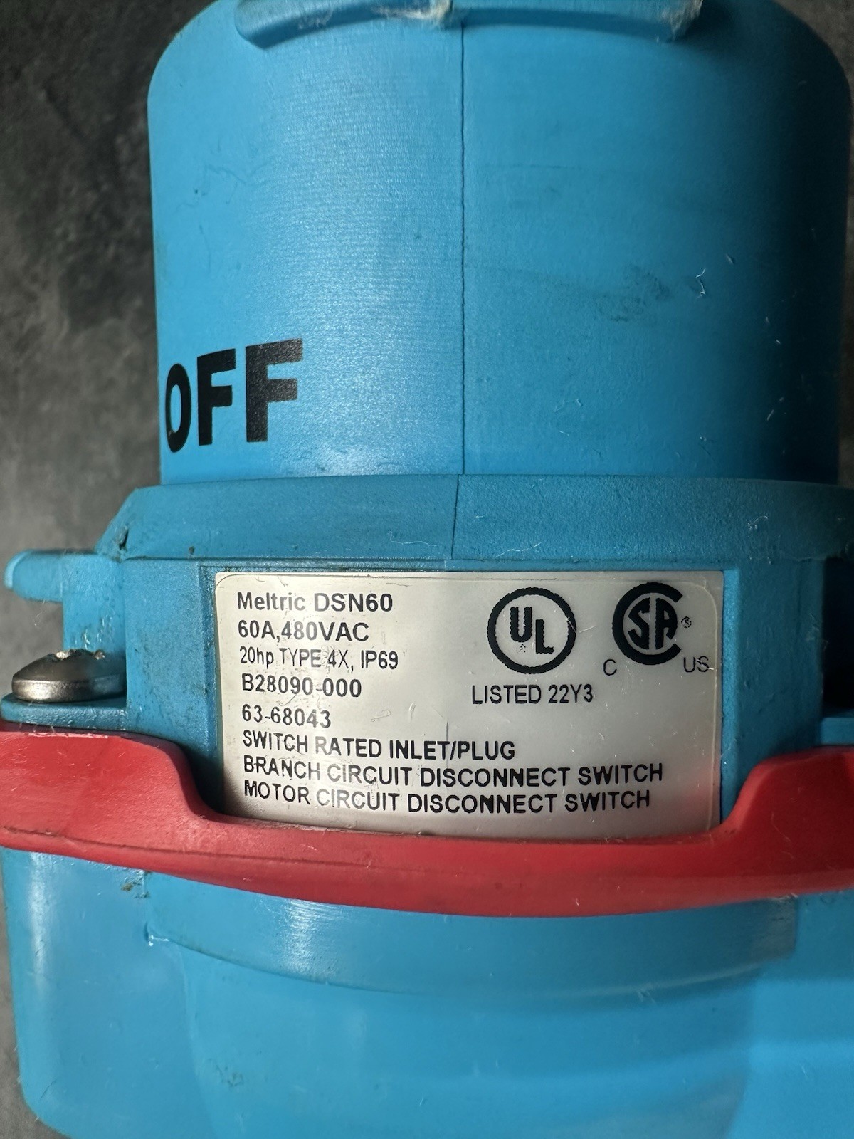 MELTRIC 63-68043 Inlet/Plug DSN60, 60A, 3P+G, 480VAC 20HP Type 4X
