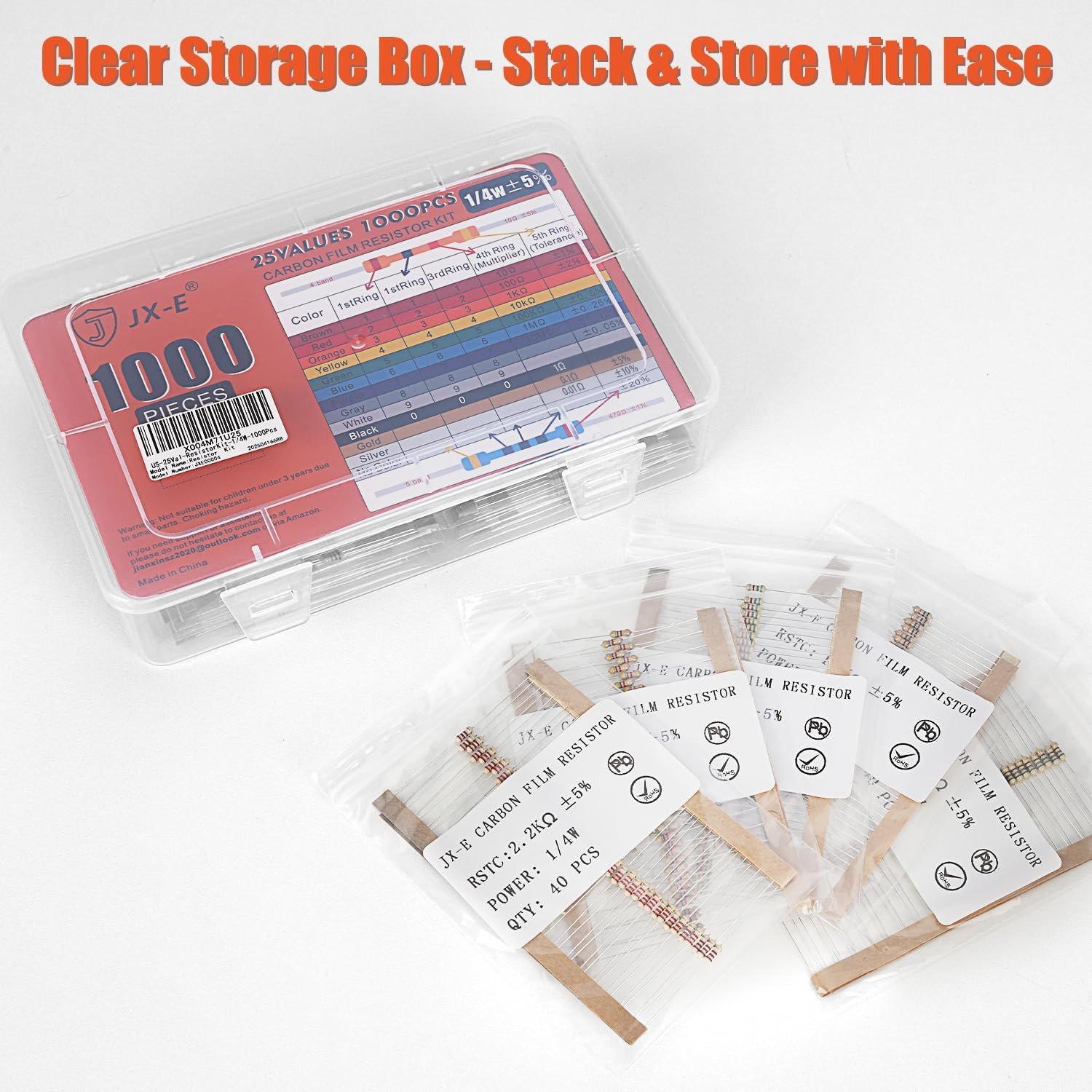Resistors Assortment Kit, 1000 Pcs 25 Values 1 Ohm to 1M Ohm 1/4W Carbon Film Re