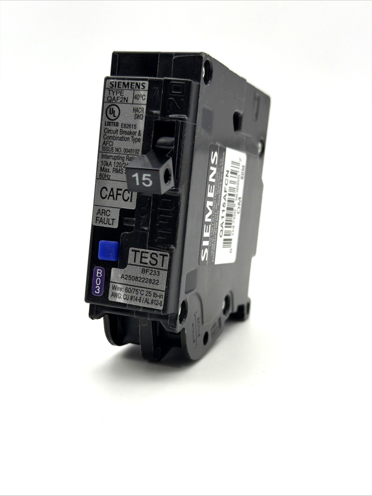 Siemens QA115AFCN 15A 1P AFCI Arc Fault Circuit Breaker 120V Plug-On Neutral NEW
