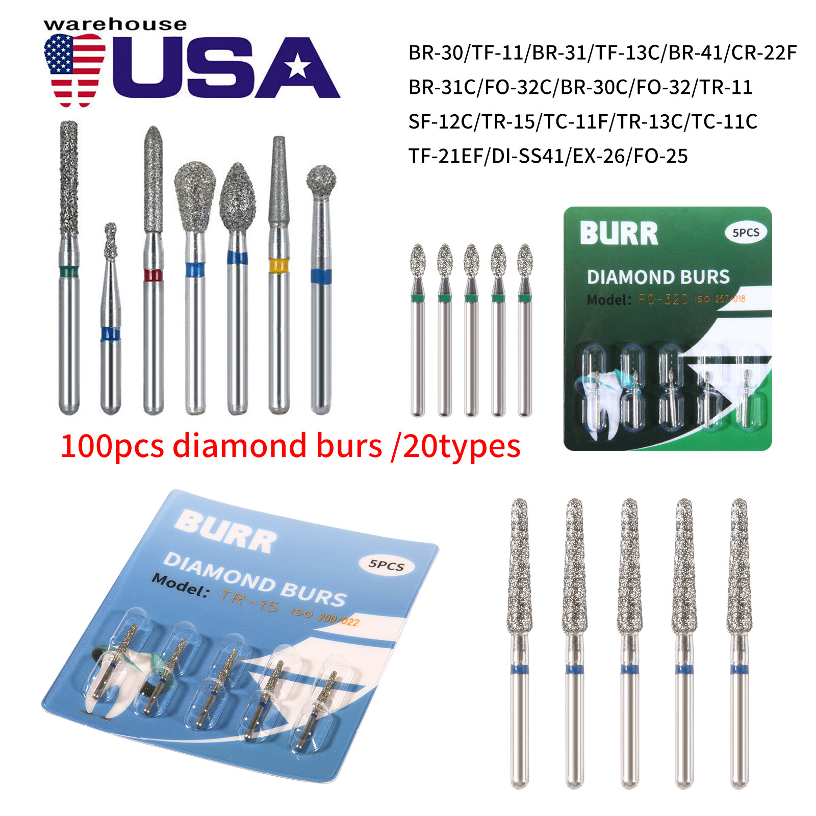 100pcs Dental Diamond Burs Set for High Speed Handpiece Medium FG 1.6mm