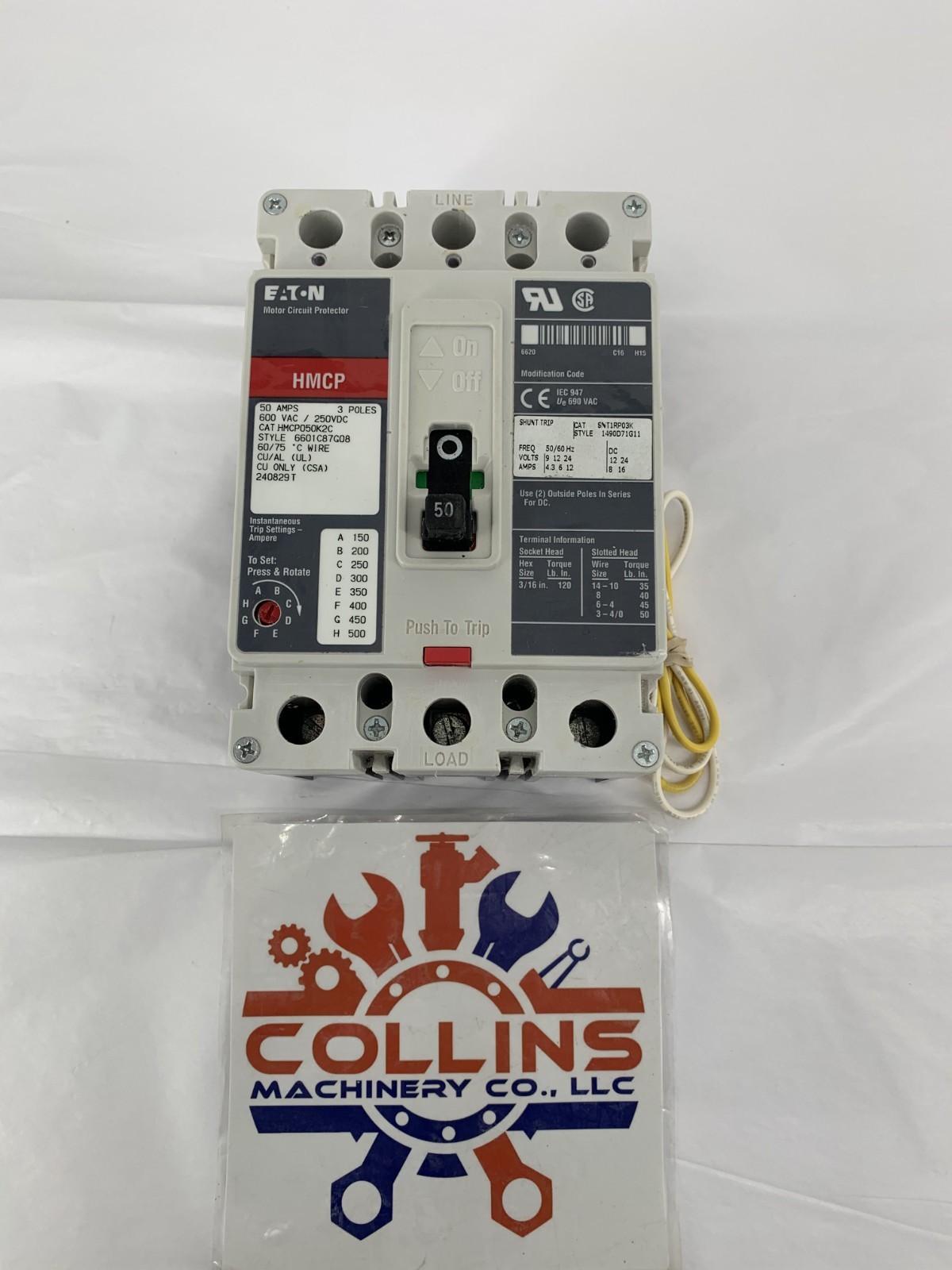 Eaton HMCP050K2C 50A 3P 600V Circuit Breaker w/Eaton 1490D71G11 24V Shunt Trip