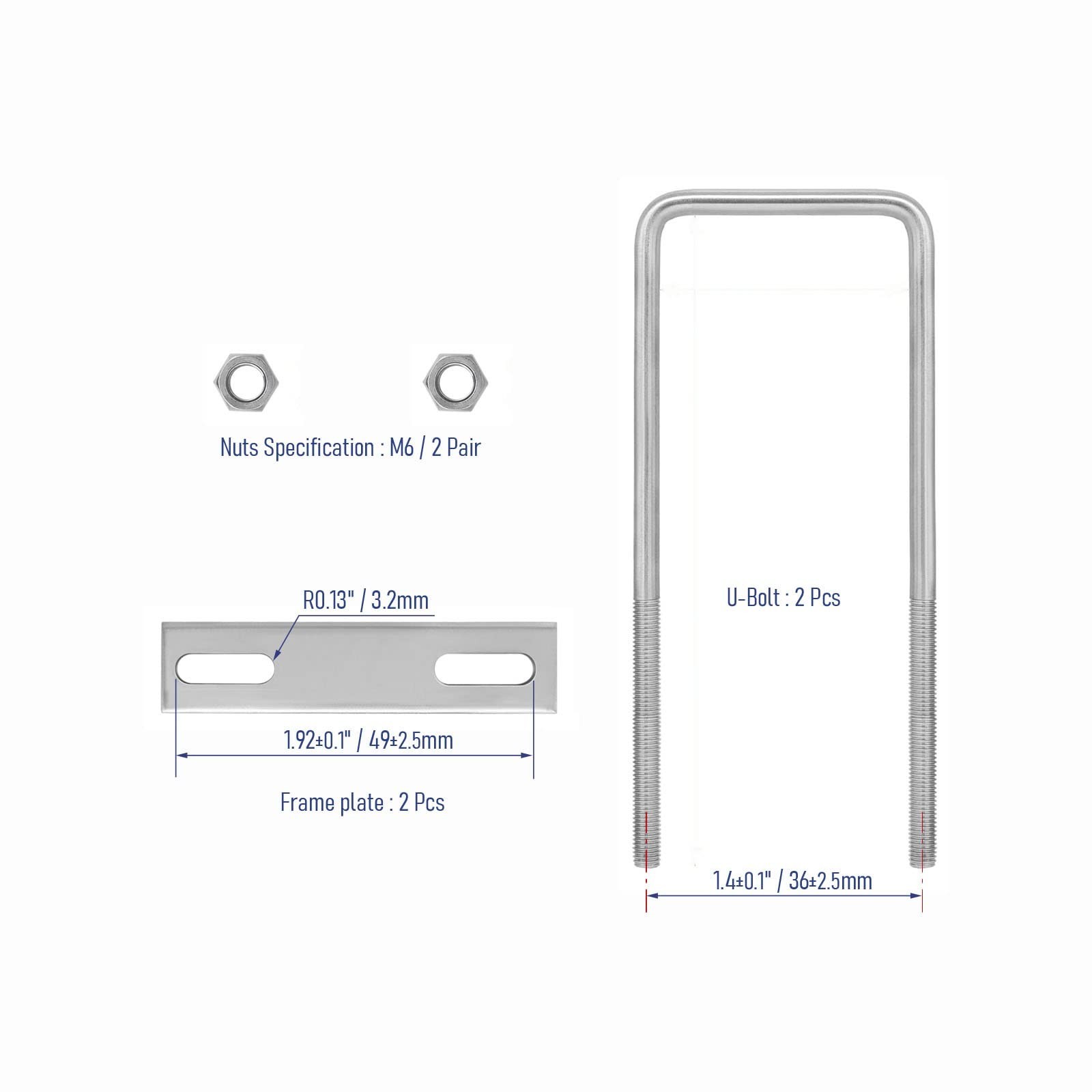 2 Sets 304 Stainless Steel Square U-Bolts 1.18″(30mm) Inner Width, 3.74″(95mm…