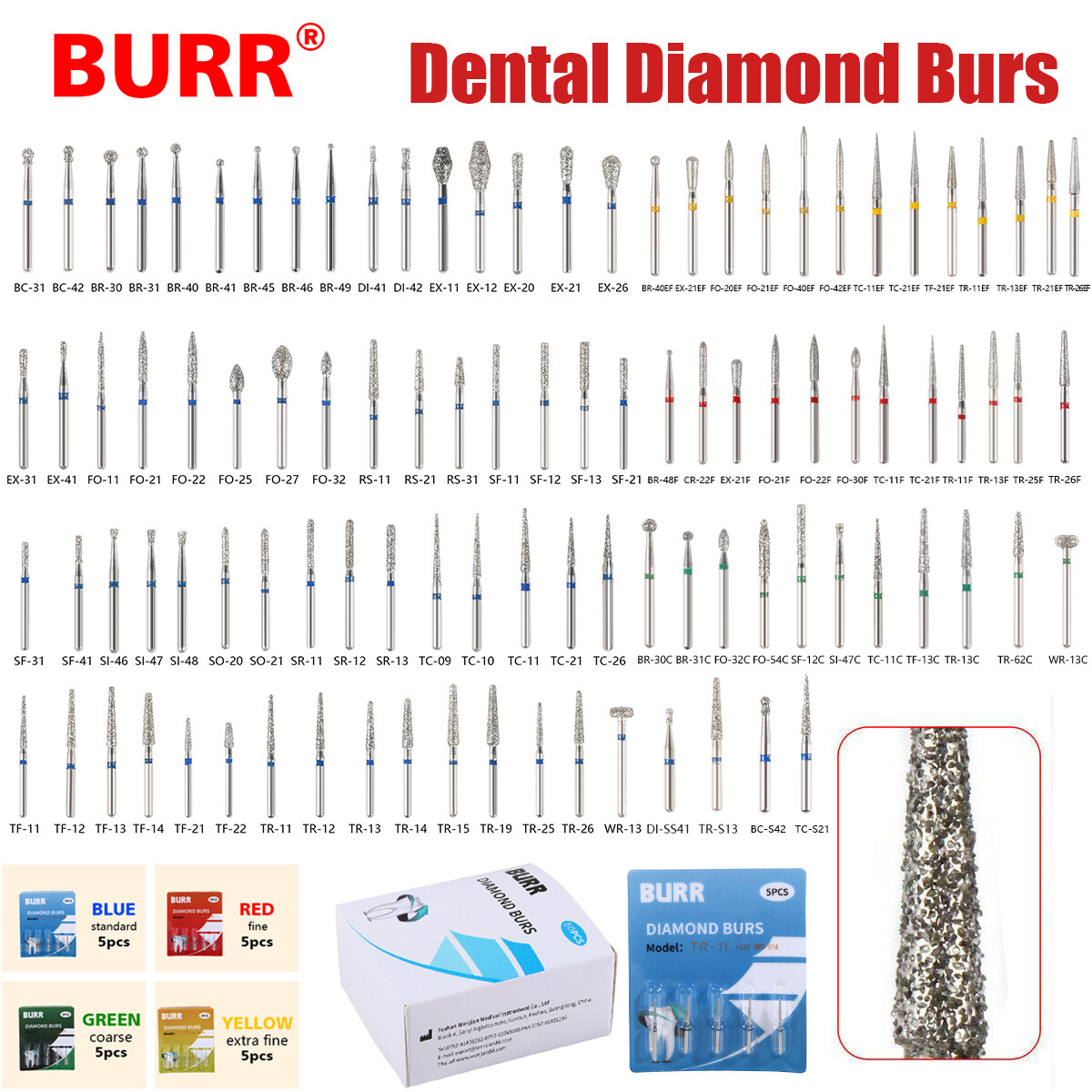100 Types Dental FG Diamond Burs For High Speed Handpiece Friction Grip