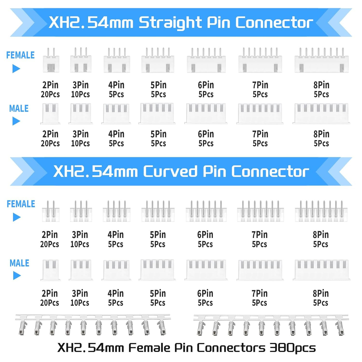 29Values 600PCS JST XH 2.54 MM Connector Kit 2.54MM 2Pin 3Pin 4Pin 5Pin 6Pin 7Pi