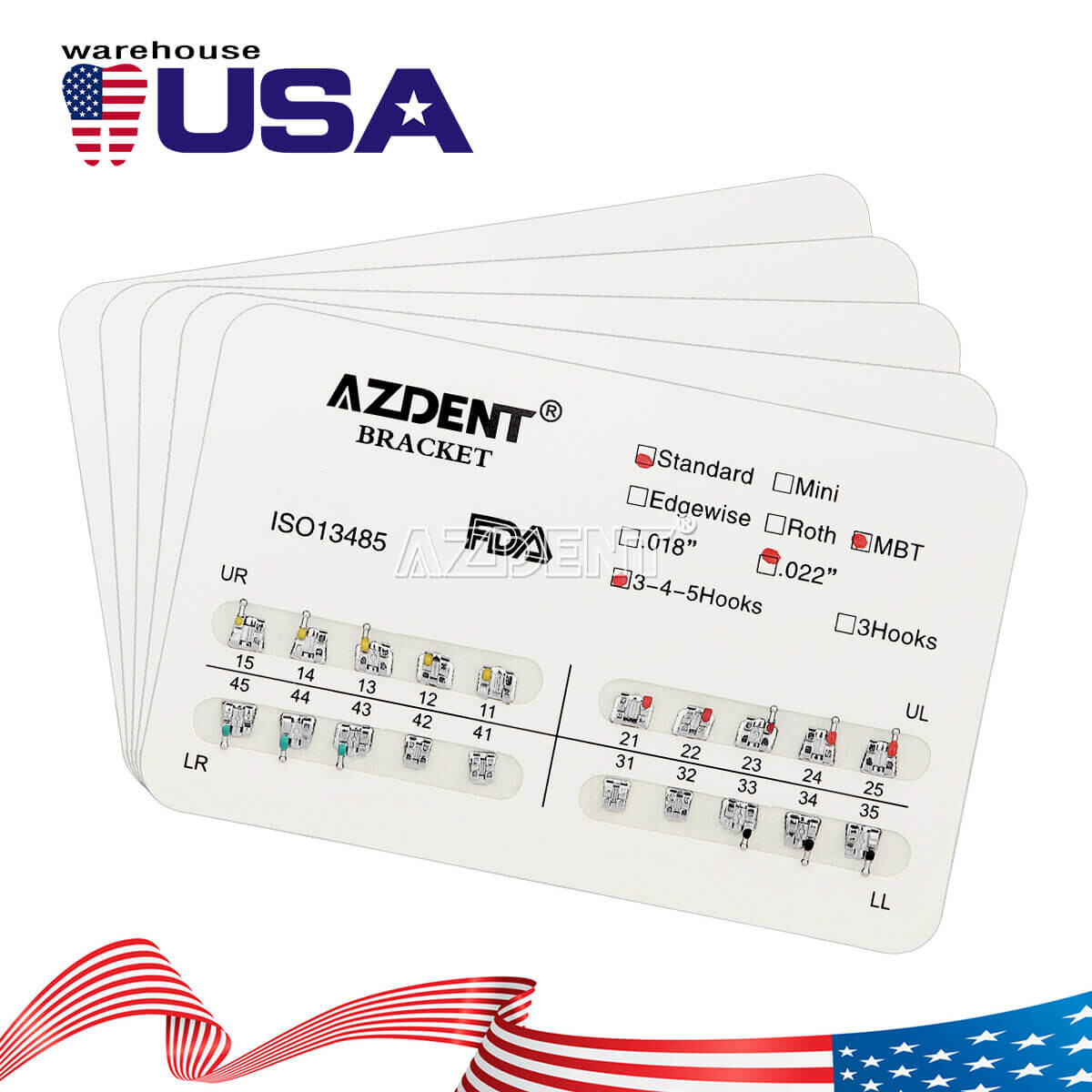 AZDENT Dental Orthodontic Bracket Braces Standard MBT Slot .022 Hooks 3-4-5