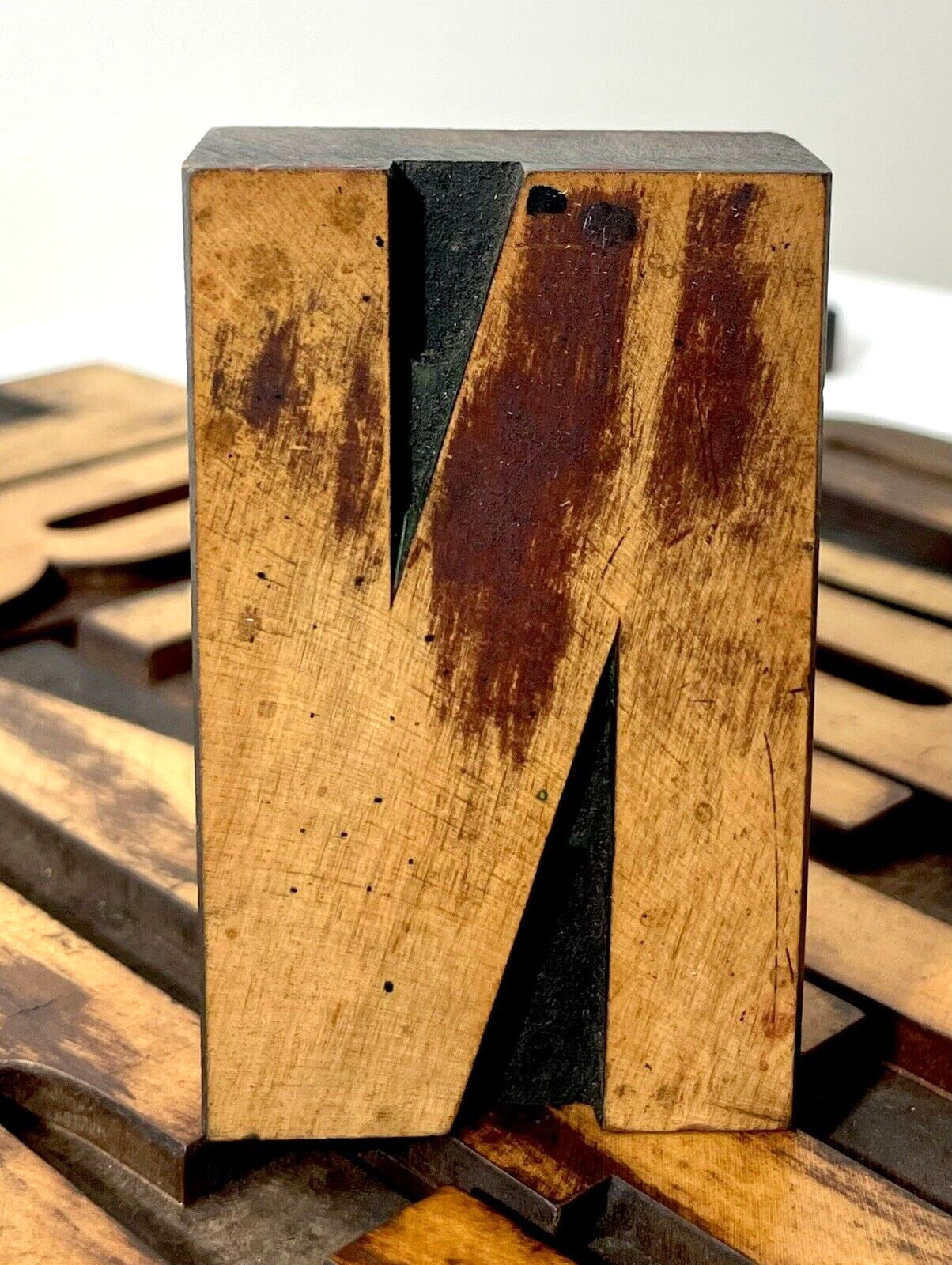 WOOD LETTER N “N” Vintage Letterpress PRINT TYPE Printing Patina