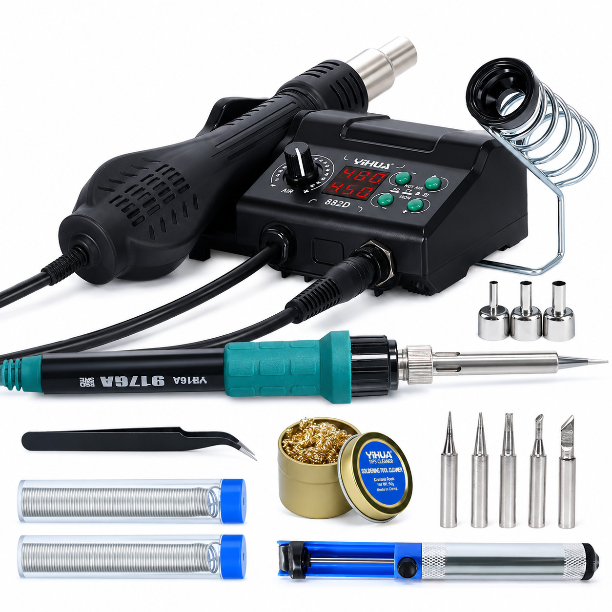 YIHUA 882D 750W Digital Hot Air Rework Staiton 2-in-1 Soldering Iron Station Kit