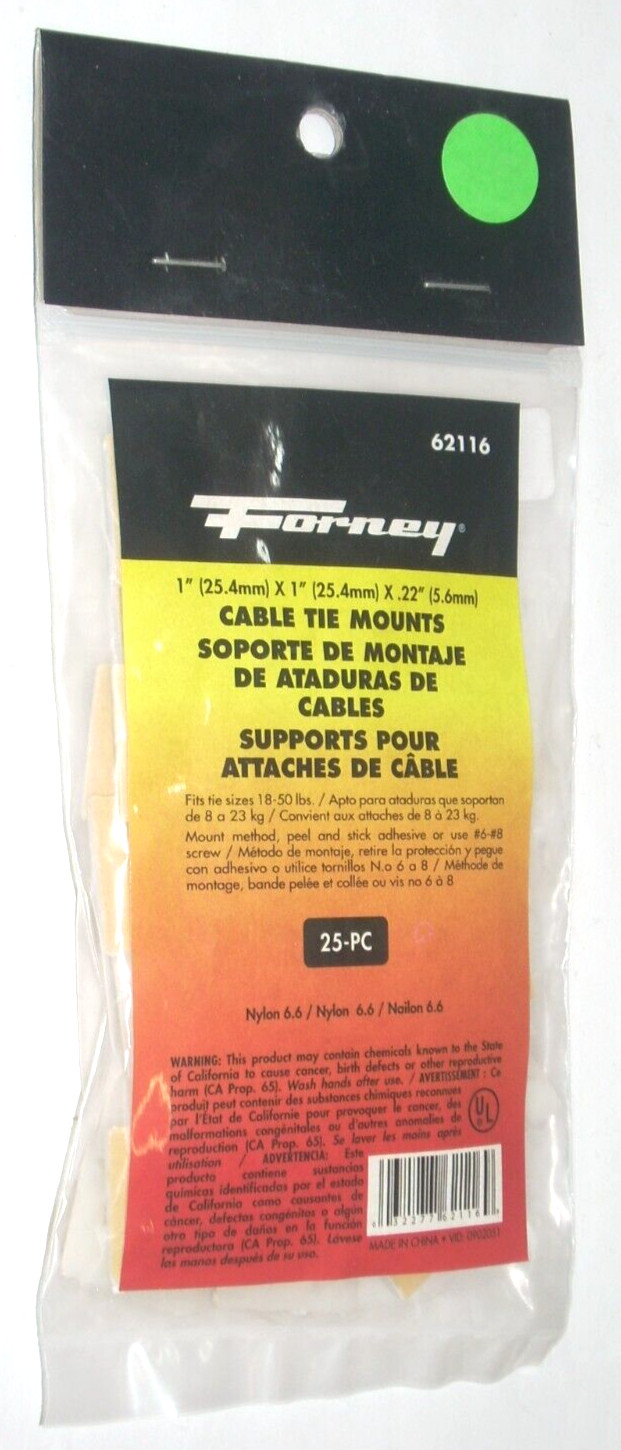 Forney 62116 White Cable Tie Mounts 1 x 1 in Square Nylon Holds 18-50 lbs 25 pk