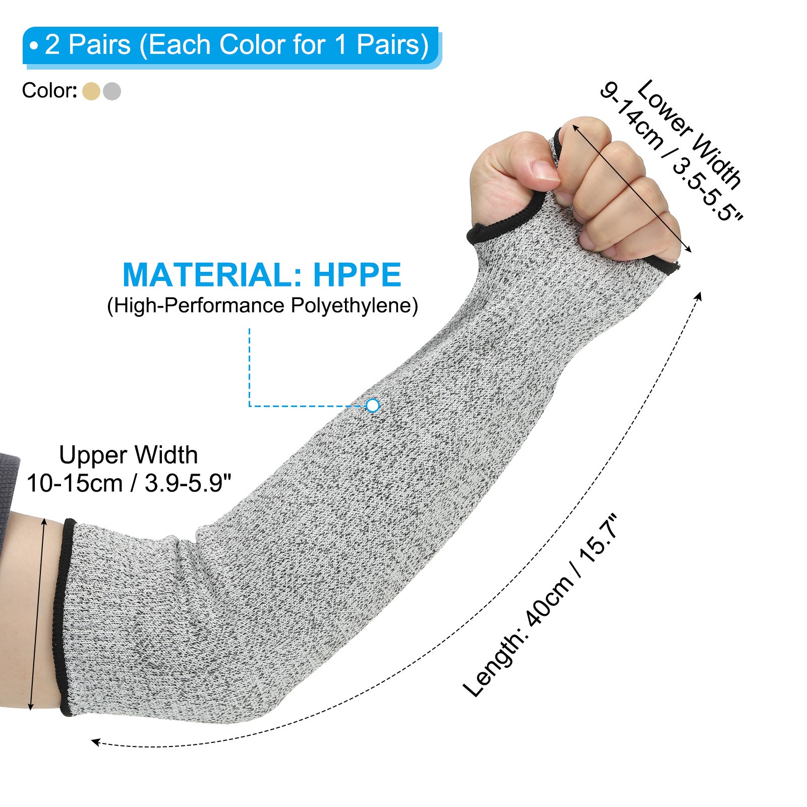 2Pairs l Arm Protectors Sleeve Cut Resistant Sleeve with Thumb Hole Yellow Gray