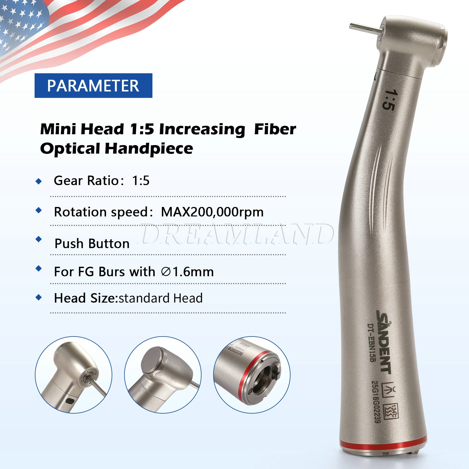 Dental 1:5 Increasing Contra Angle FG1.6mm LED Fiber Optic Handpiece SANDENT USA