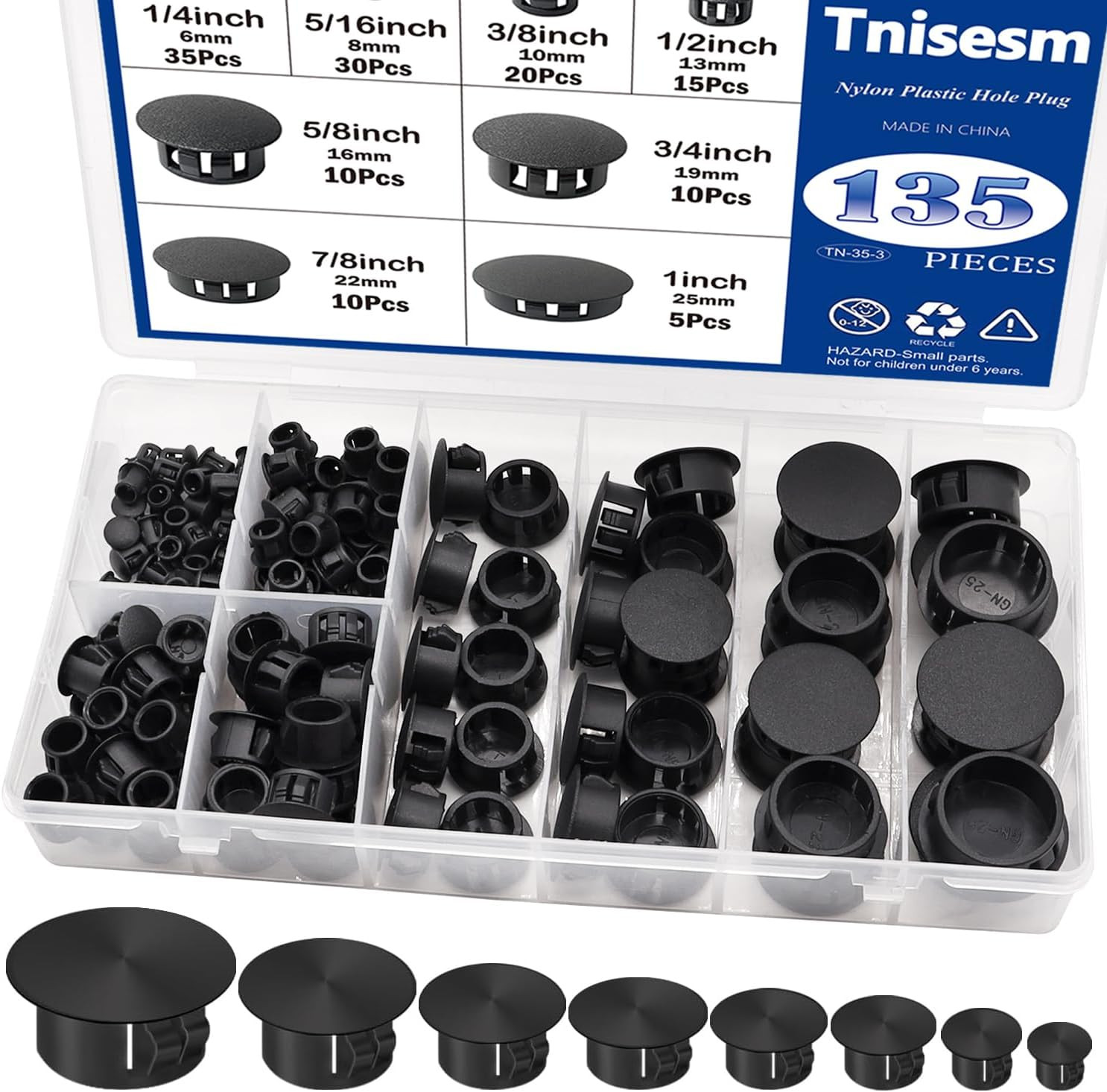 Nylon Plastic Hole Plugs Set, 135 Pcs in 8 Sizes for Furniture and Industrial Us