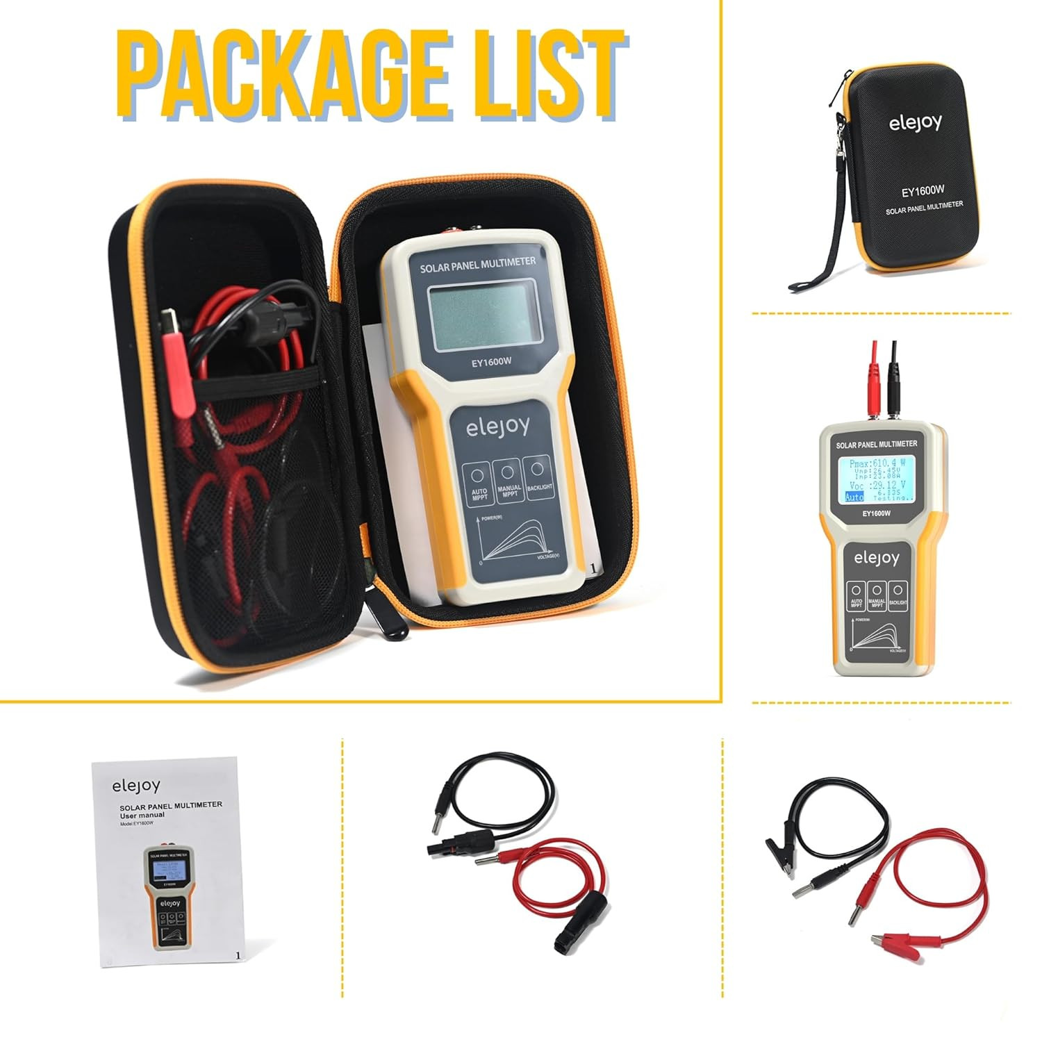 EY1600W Solar Panel Tester & Power Meter with Backlit LCD Display