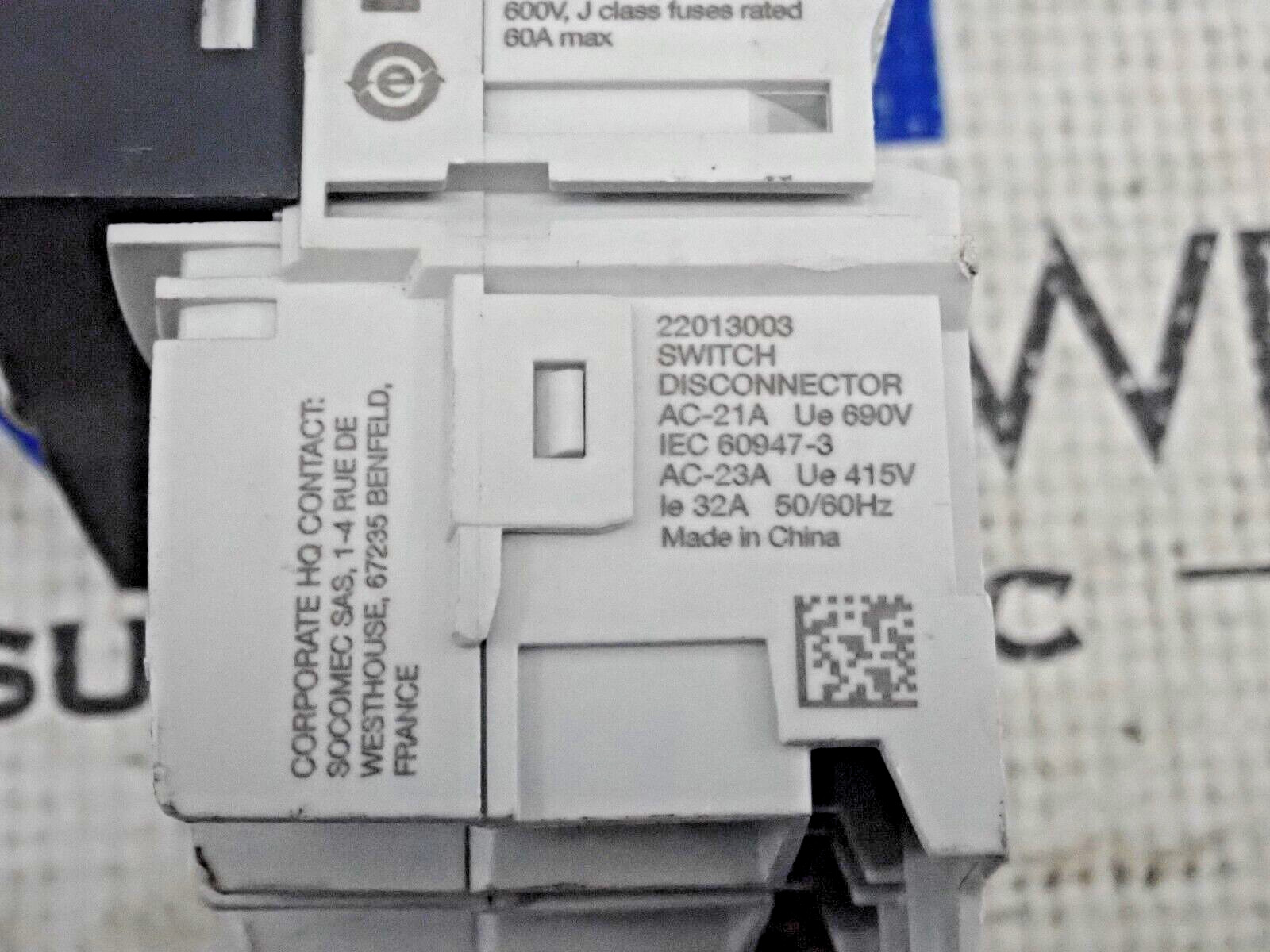 Socomec 22013003 Disconnect Load Break Switch 3P 30A 600V