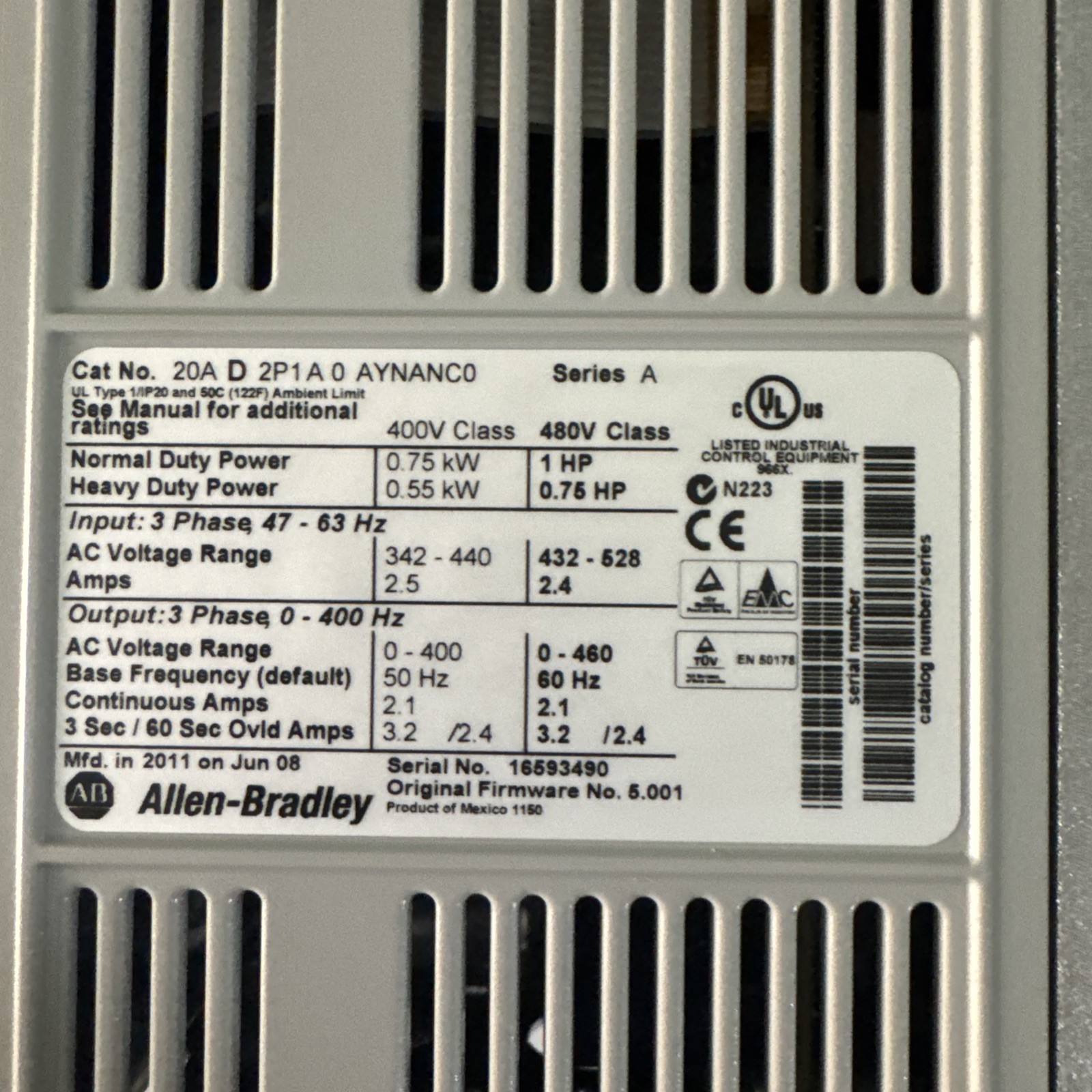 20AD2P1A0AYNANC0 Allen Bradley PowerFlex 70 AC Drive 2.1 A at 1 Hp 20A No USTax