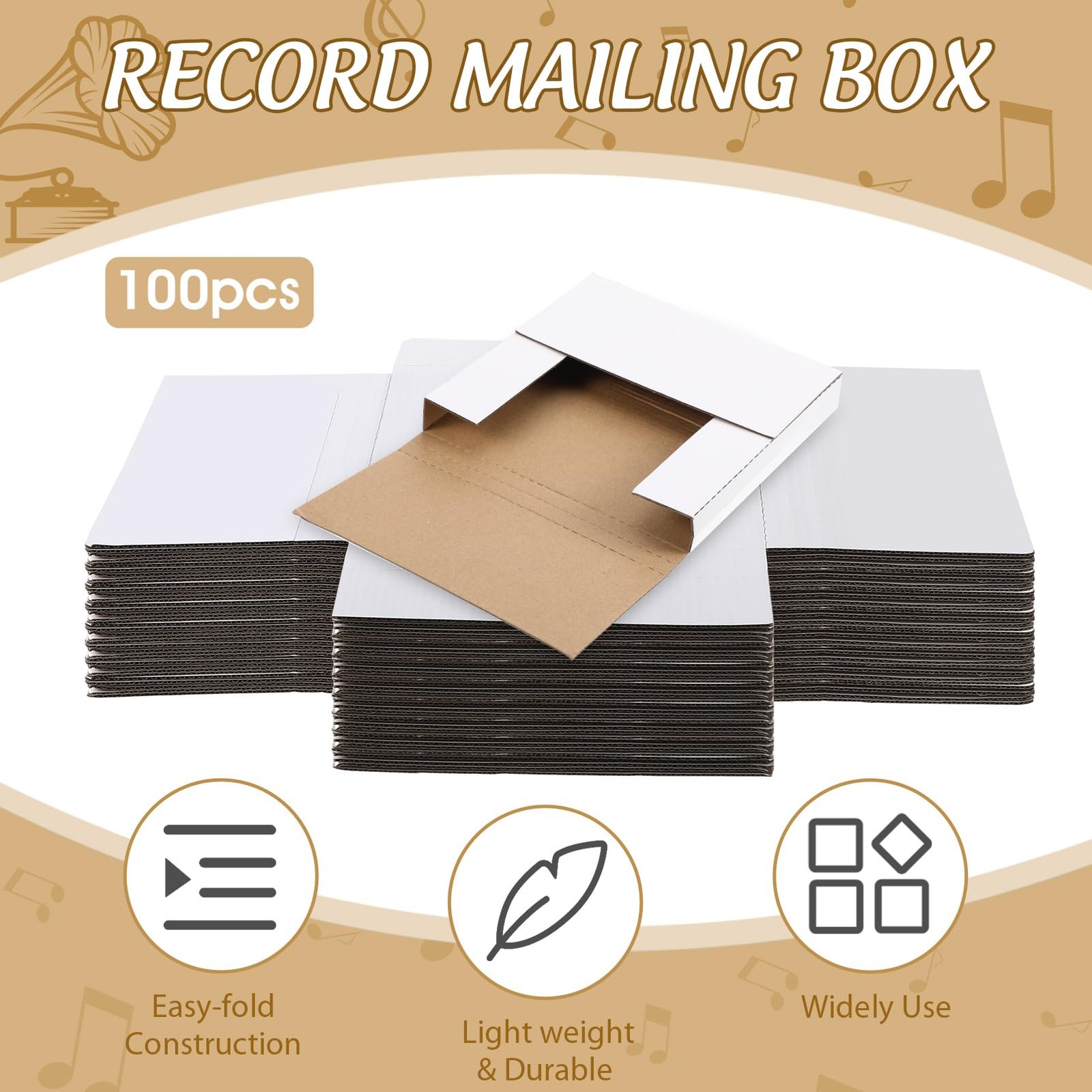 Fuutreo 100 Pack 7 Inch Vinyl Record Mailers Boxes 45 RPM Easy Fold LP Cardboard