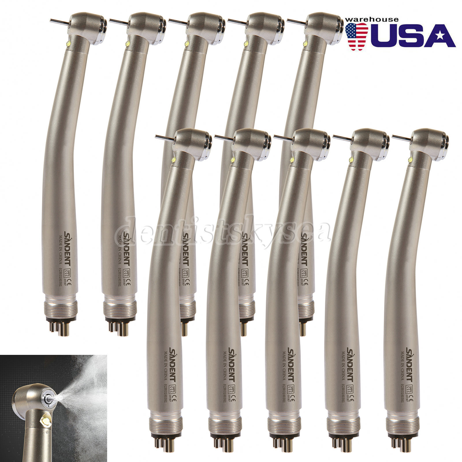 10pcs Turbina Dental LED E-generador de fibra óptica pieza de mano 4Holes SDM