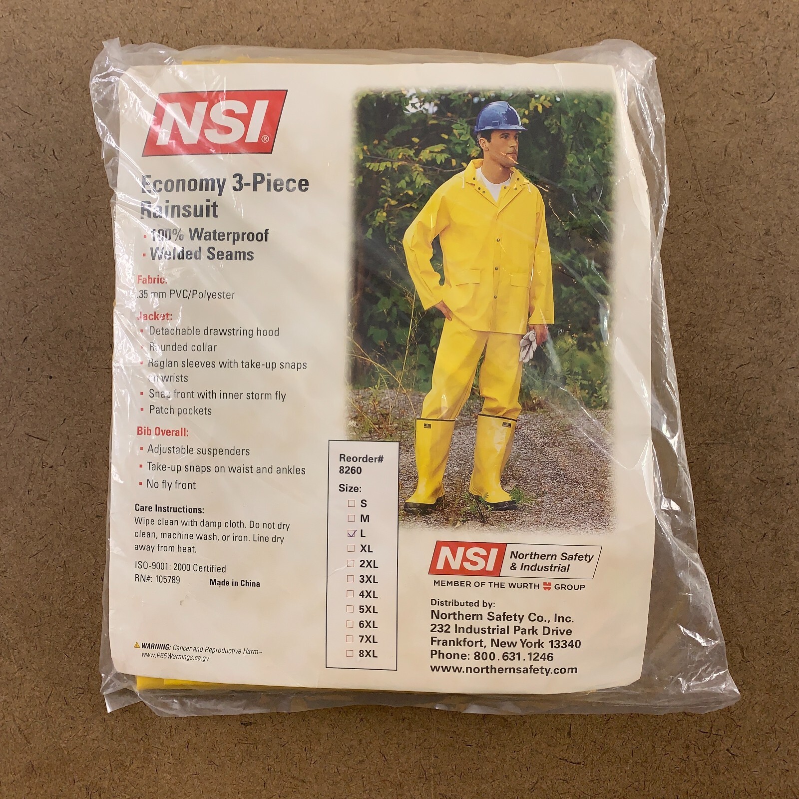 NSI Adult Size Large Yellow Economy 3 Piece Rainsuit 100% Waterproof NWT