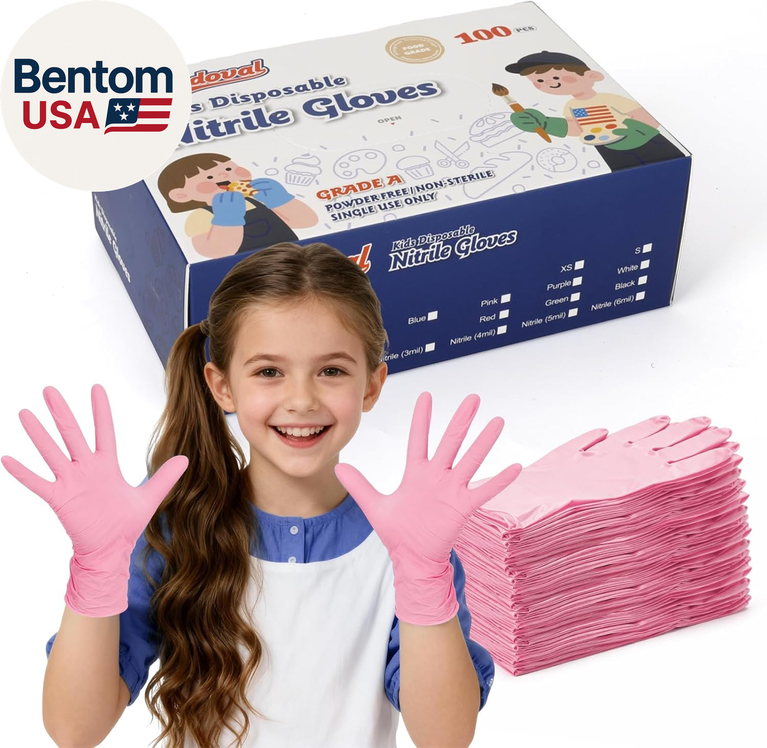 Kids Disposable Gloves for 3-8 Years, 5Mil Pink Nitrile Gloves with Latex-Free a