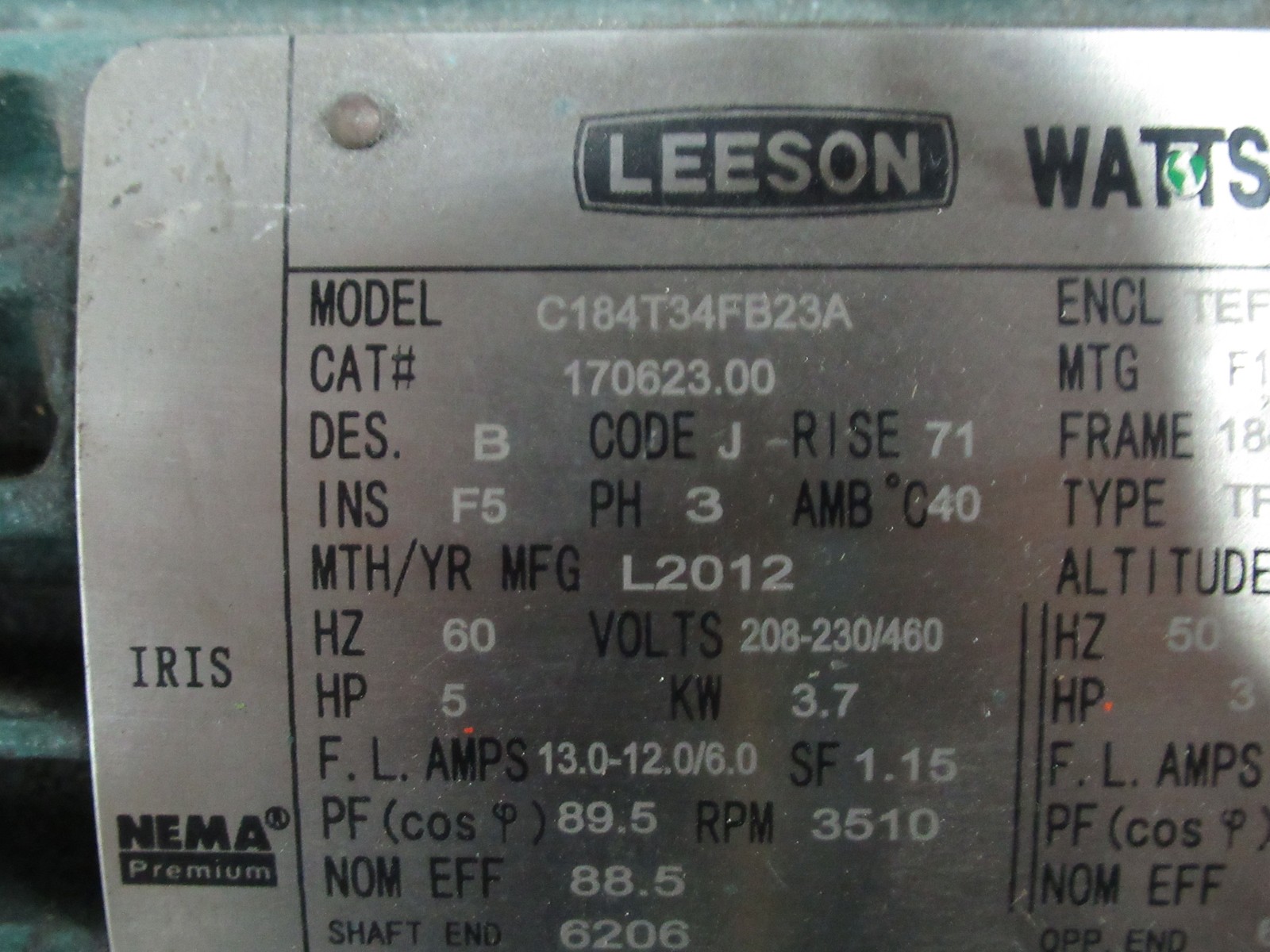 Leeson 5HP 3510RPM 208-230/460V 184TC TEFC 3Ph 13.0-12.0/6.0A 60Hz USED