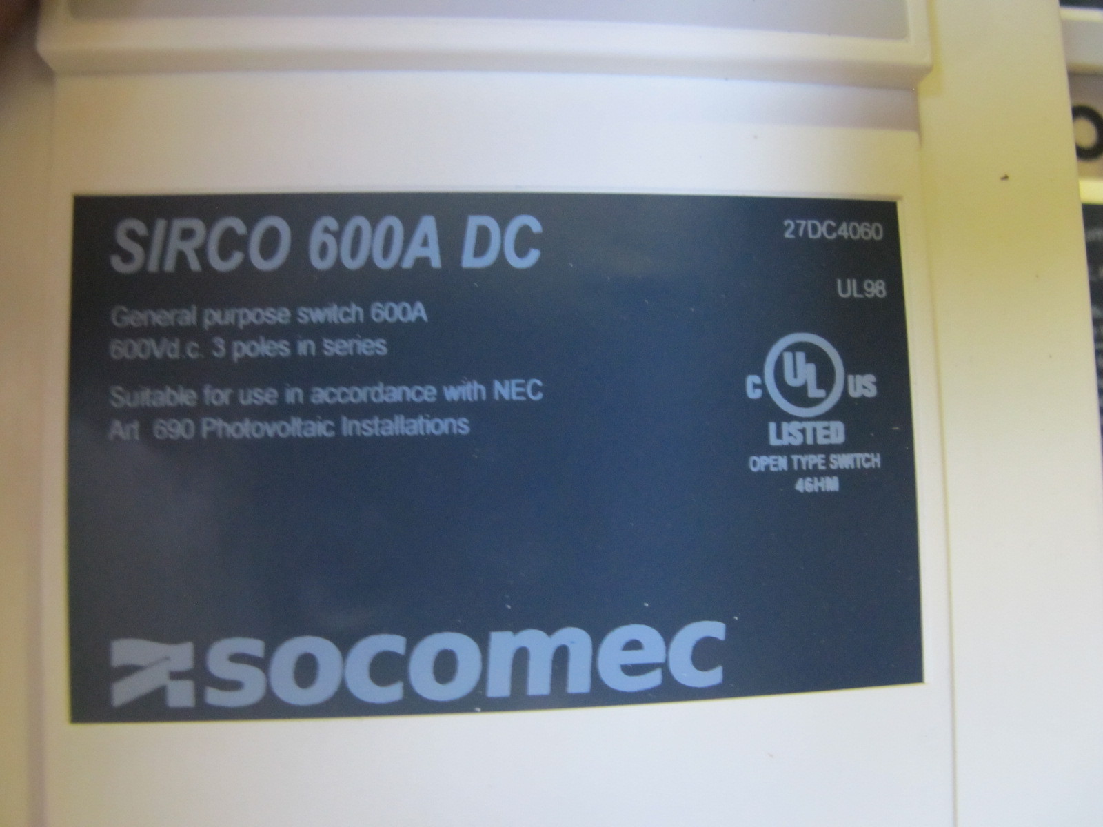 Socomec 27DC4060, 600 Amp, 600 Volt, 4 Pole, Load Break Switch – NEW-B