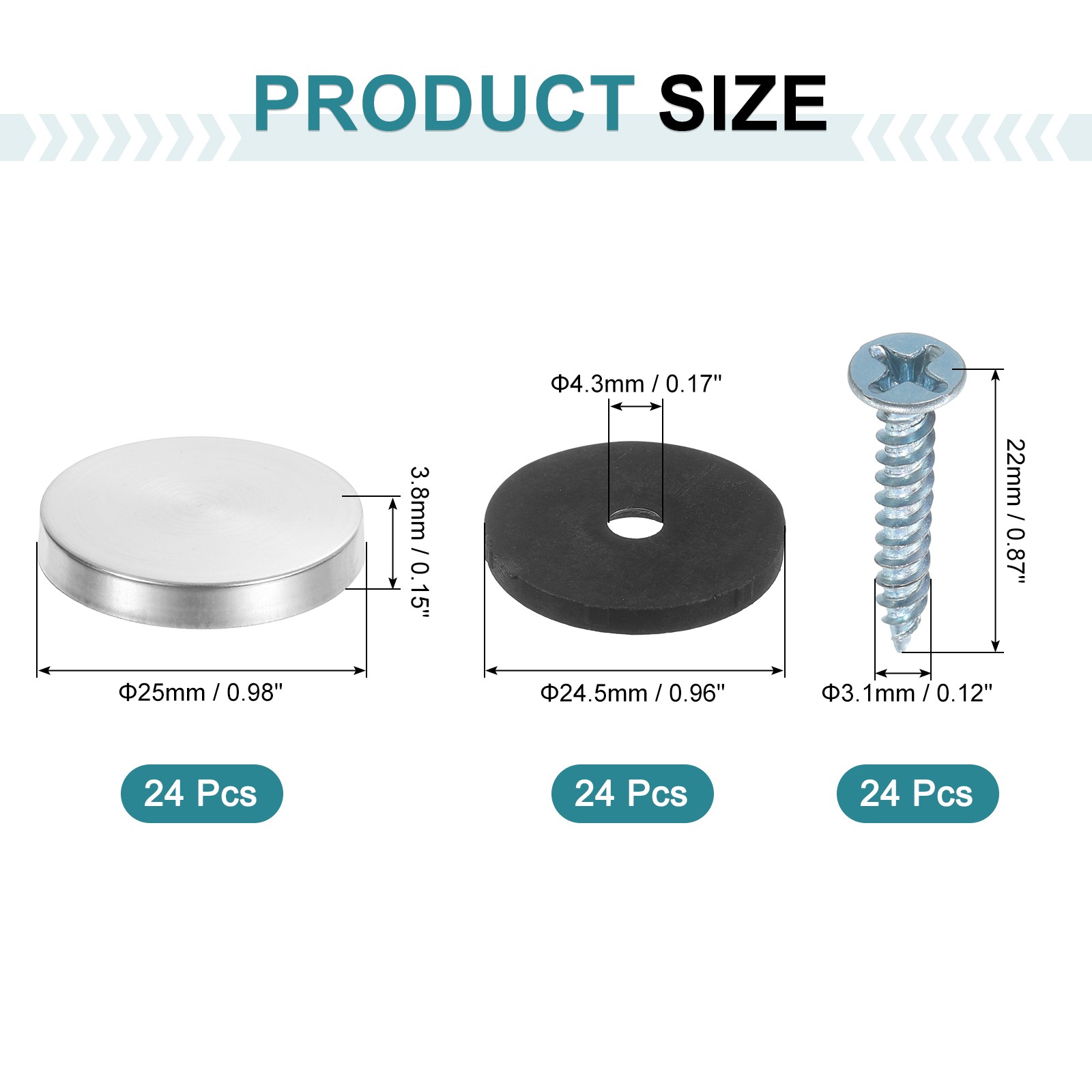 24pcs Screw Covers Caps, 25mm Dia Stainless Steel Flat Gasket Mirror Screws