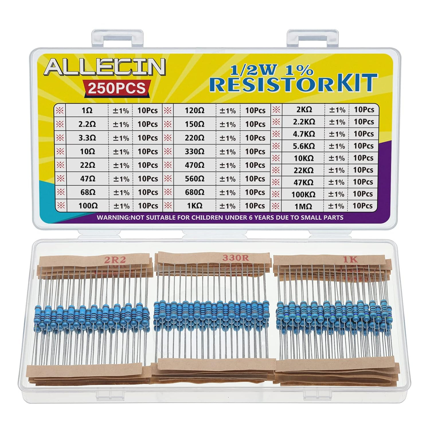 25 Values 1/2W Resistor Kit from 1 Ohm to 1M Ohm 1/2 Watt 1% Metal Film Resistor