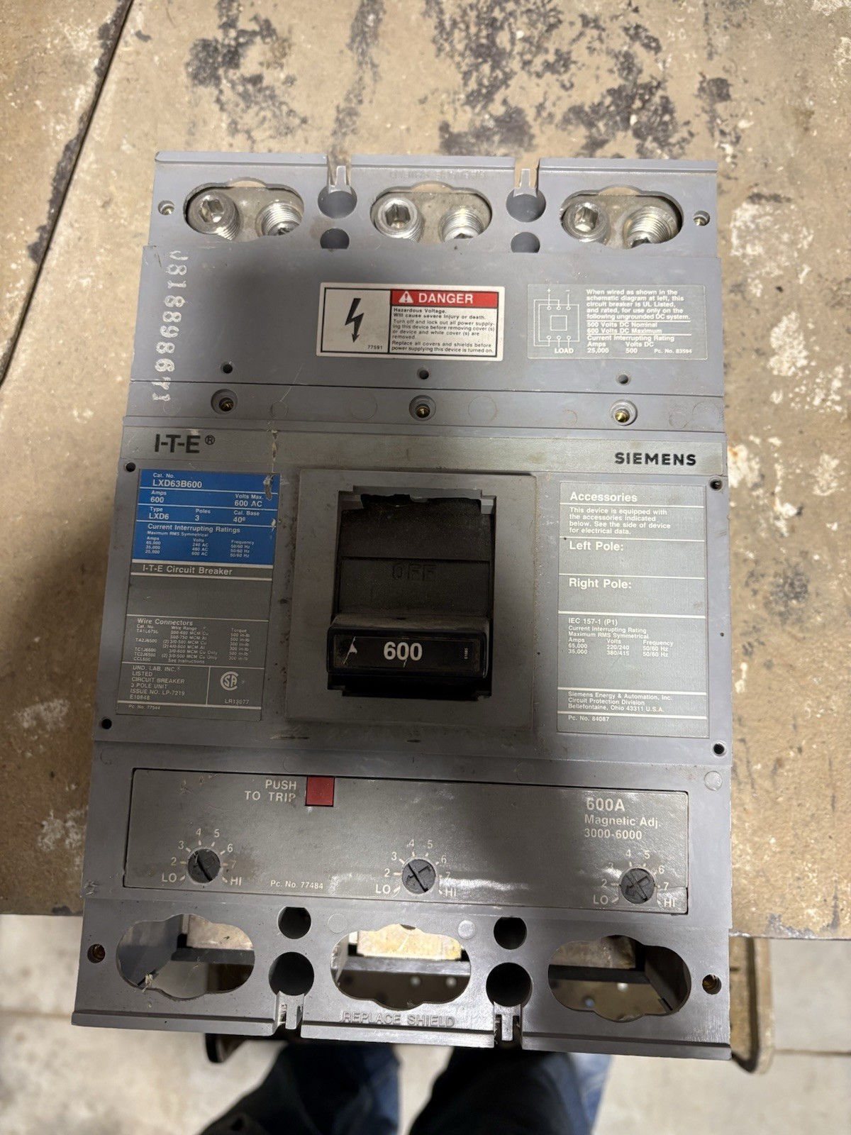 ITE LXD63B600 Siemens 600A 3 Pole 600V Circuit Breaker