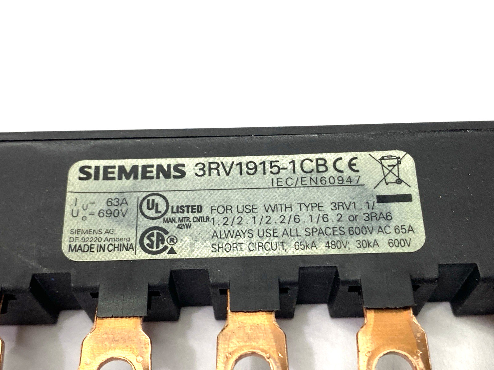 Siemens 3RV1915-1DB Busbar 3-Phase 600VAC 65A