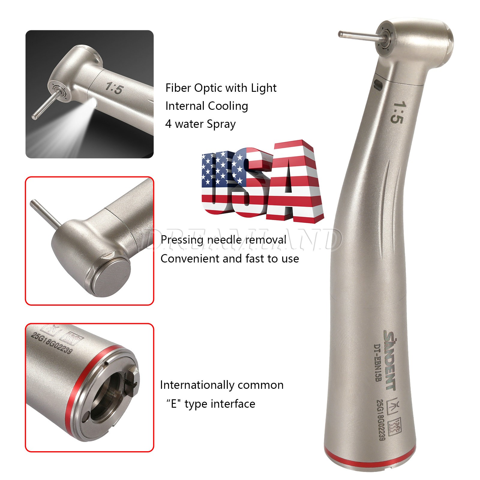 Dental 1:5 Increasing Contra Angle FG1.6mm LED Fiber Optic Handpiece SANDENT USA